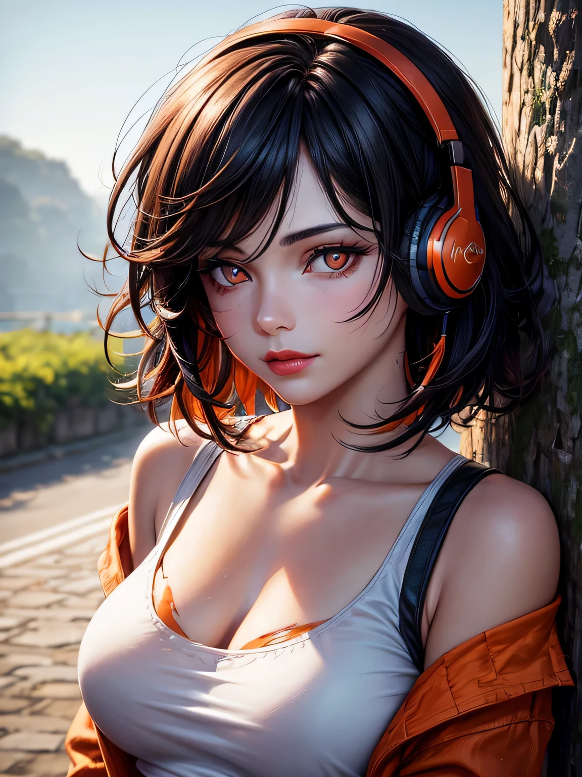 ((Close up, face of a beautiful girl with bright orange eyes))), (beautiful expressive orange eyes: 0.7), realistic face, realistic eyes, realistic hair, eyeliner, red lipstick, (average breasts: 1, 2 ), (Shirt:1.4, bare shoulder), pants with torn details, outdoors, blue sky, tree shadow, top view, Looking at the viewer. (Evil smile: 0.8), black hair, messy hair, short hair, headphones behind head, Realism, from above, cinematic lighting, shine, masterpiece, best quality, high resolution, high details, textured skin , anatomically correct, 4K