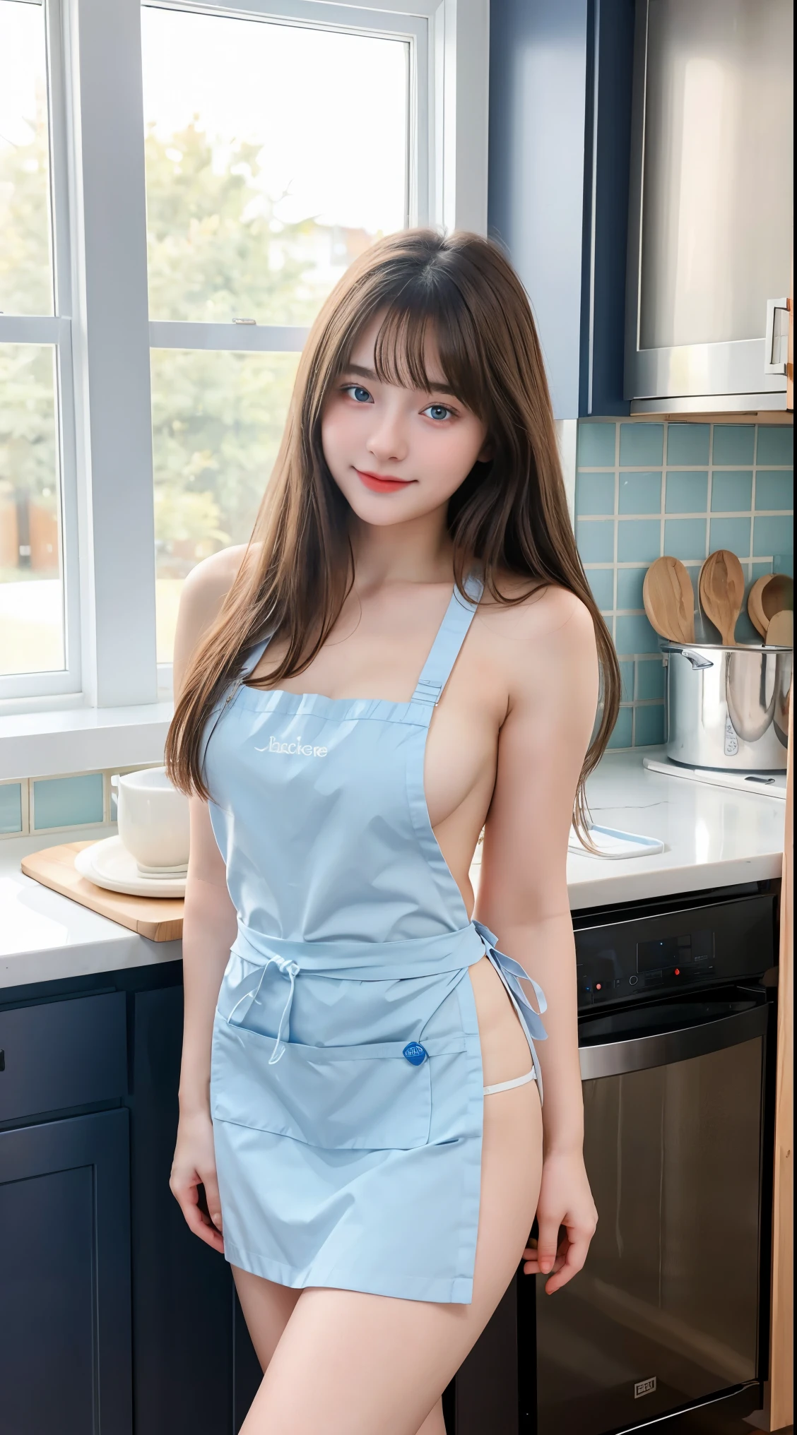 Gorgeus Girl, Beautiful, , 20 Years Old, White Skin, Sexy Pose, naked apron, Blue Eye, Bokeh, kitchen Background, Masterpiece, Fullbody Shot, cooking