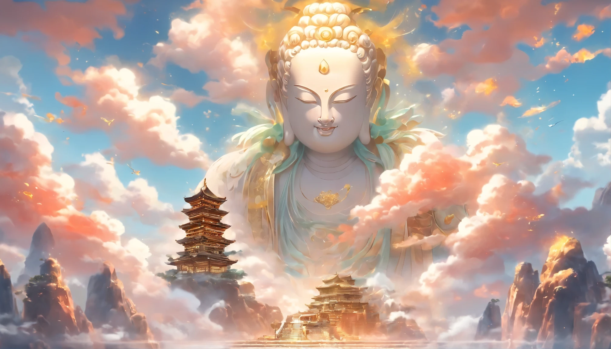 ((on the table)),(best quality)),Chinese style,in the sky, The clouds form a huge transparent statue、Crystal clear white jade Maitreya Buddha statue,There is a 9-story ancient tower,thick clouds,sunshine,pilgrims on the road,surreal,Super real photos,Golden,8K,HD,high quality,masterpiece,Super fine,(((Overclocked renderer)))