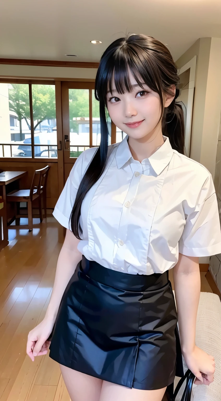 (8K, RAW photos, best quality, masterpiece: 1.2), (Practical, photo-Practical: 1.37), Extremely detailed, 1 girl, Lovely, Solitary, Beautiful and detailed sky, Detailed coffee, night, sit, (Red nose), (mouth close), Medium breasts, Beautiful and delicate eyes, (Collared shirt: 1.1), bow tie, Pleated Skirt, (short hair: 1.2), Long hair, Canadian Ice Cream,