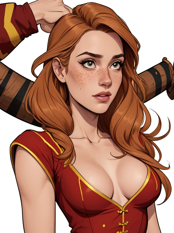 Character style illustration style Completely bare breasts showing small fear Breast size Cartoon name: Isabella Cruz white background medium breasts freckled face Hermione Granger actress strong contours Physical description - long straight hair, tingidos de um marrom vibrante que contrasta com sua pele clara. - You reflect a mix of curiosity and determination. - Ela tem uma estatura alta, with a slender and agile figure, evidenciando sua agilidade e destreza. -fundo colorido Design de personagens de retrato, beautiful digital illustration, retrato de alta qualidade, Arte em quadrinhos, Corpo inteiro sensualizando ou pelada. folha de retorno. return sheet member clothes of the day hell day expression love using gryffindor clothes