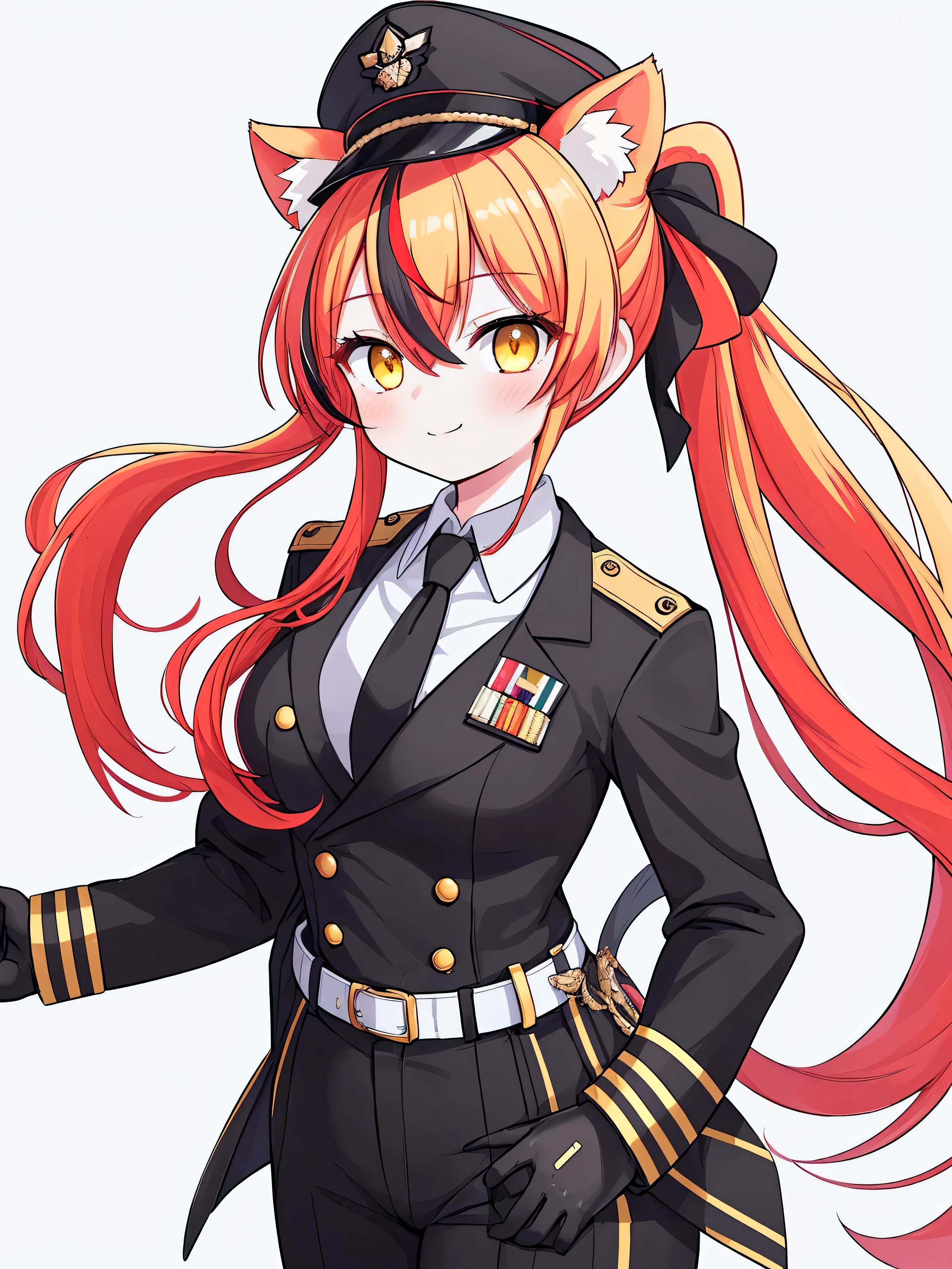 masterpiece, top quality, super detailed, CG illustration, high resolution, better lighting, best shadows, very delicate and beautiful, proper shading, hd, 8k,1girl, solo, long hair, breasts, looking at viewer, smile, bangs, blonde hair, simple background, shirt, gloves, long sleeves, hat, white background, ribbon, animal ears, hair between eyes, medium breasts, closed mouth, jacket, hair ribbon, yellow eyes, white shirt, ponytail, red hair, multicolored hair, necktie, black gloves, collared shirt, belt, pants, uniform, streaked hair, black jacket, animal ear fluff, military, black headwear, military uniform, black pants, peaked cap, black necktie, epaulettes, military hat