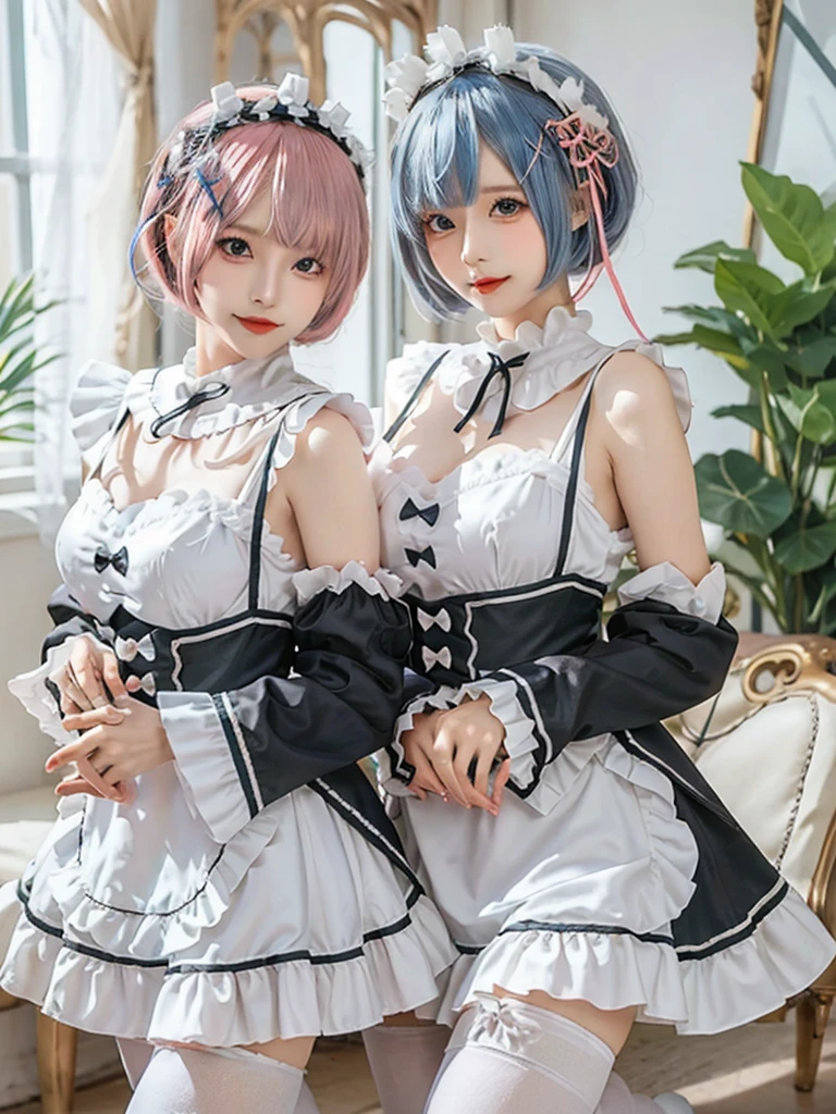 (8K, Photorealistic, Raw photo, of the highest quality: 1.3), (1girl in), Super beautiful, (Realistic face), (boyish, pink Color Berry Shorthair), Beautiful , Glare that captivates the viewer, Beautiful expression, Beautiful breasts, (Realistic skin), Be...Create a detailed and colorful image of Ram and Rem from Re:Zero, standing back-to-back in their maid outfits, with a magical fantasy background、14years old, two girls,cute, perfect face, beautiful, nice body, gothic lolita clothes, gothic lolita fashion, frilly skirt, headdress, necklace, bracelet, knee-high socks, boots, double eyelids, tear bags, Detailed down to the fingers, photo-like description, indoors, dim indoor lighting, one girl is pink hair and short bob, another girl is light blue hair and short bob,standing, sexy posing,whole body, composition that shows the whole body, smiling,The Both of them are wearing the same type of maid outfit,Optimal ratio of 4 fingers and 1 thumb