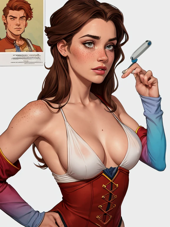 Character style illustration style Completely bare breasts showing small fear Breast size Cartoon name: Isabella Cruz white background medium breasts freckled face Hermione Granger actress strong contours Physical description - long straight hair, tingidos de um marrom vibrante que contrasta com sua pele clara. - You reflect a mix of curiosity and determination. - Ela tem uma estatura alta, with a slender and agile figure, evidenciando sua agilidade e destreza. -fundo colorido Design de personagens de retrato, beautiful digital illustration, retrato de alta qualidade, Arte em quadrinhos, Corpo inteiro sensualizando ou pelada. folha de retorno. return sheet member clothes of the day hell day expression love using gryffindor clothes