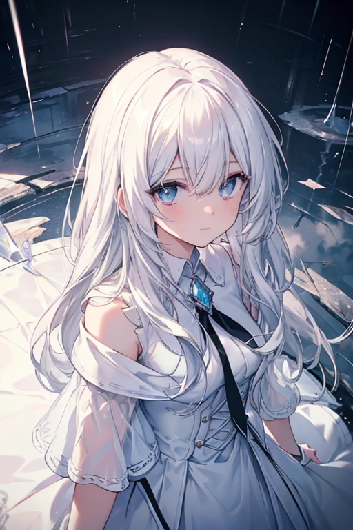 masterpiece, super detail, high quality, best quality, 4K, 1woman, (perspective), ((view from above)), atmospheric perspective, raining blood, environment with white and hazy lighting and coloring, empty city scene, very long white hair, straight hair, (elegant white dress), completely white character, (black tie), formal long tie, mirrors at the end of the hair, gray eyes, , lens flare, cloudy, expressionless eyes, diamond colored eyes, depth of field, beautiful eyes, crystal pupils, (looking up), pupil reflecting light, right eye with cracks in the crystal, hair flying a little in the wind, nosebleed, light smile
