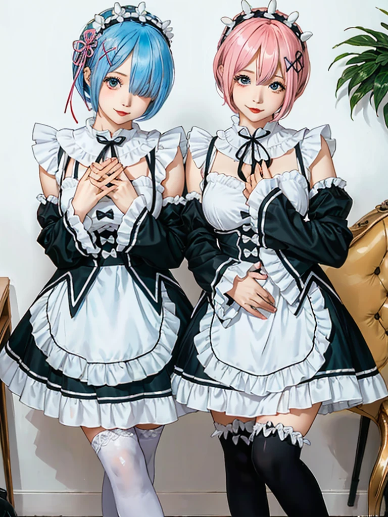 (8K, Photorealistic, Raw photo, of the highest quality: 1.3), (1girl in), Super beautiful, (Realistic face), (boyish, pink Color Berry Shorthair), Beautiful , Glare that captivates the viewer, Beautiful expression, Beautiful breasts, (Realistic skin), Be...Create a detailed and colorful image of Ram and Rem from Re:Zero, standing back-to-back in their maid outfits, with a magical fantasy background、14years old, two girls,cute, perfect face, beautiful, nice body, gothic ****ta clothes, gothic ****ta fashion, frilly skirt, headdress, necklace, bracelet, knee-high socks, boots, double eyelids, tear bags, Detailed down to the fingers, photo-like description, indoors, dim indoor lighting, one girl is pink hair and short bob, another girl is light blue hair and short bob,standing, sexy posing,whole body, composition that shows the whole body, smiling,The Both of them are wearing the same type of maid outfit,Optimal ratio of 4 fingers and 1 thumb