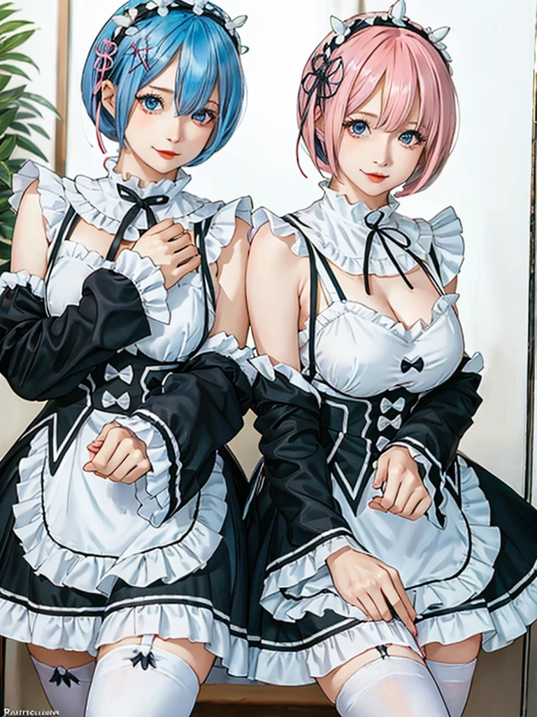 (highest quality:1.2, Very detailed, Latest, Vibrant, Super Detail, Ultra-high resolution, High Contrast, masterpiece:1.2, highest quality, Best aesthetics), Two people, (2 women), Two women posing side by side, Woman on the right:rem \(re:zero\), blue eyes, blue hair, hair ornament, hair over one eye, hair ribbon, short hair, x hair ornament, nayutaren, blue hair, roswaal mansion maid uniform, Woman on the left:ram \(re:zero\), pink hair, white thighhighs, short hair, red eyes, hair over one eye, hair ribbon, x hair ornament, maid headdress, waist apron, garter straps, black ribbon, small breasts, detached sleeves, neck ribbon, hair flower, roswaal mansion maid uniform, Dynamic Angle, Random Pause, Cowboy Shot,