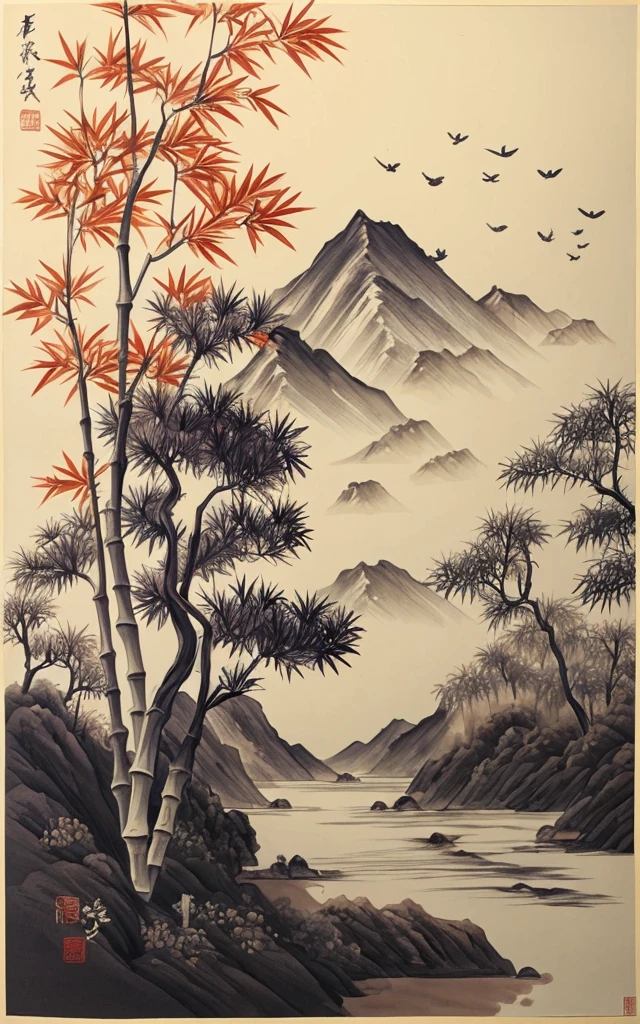 shukezouma, shuimobysim, ((starling)), willow branches, (masterpiece, best quality: 1.2), ((Traditional Chinese ink painting)), model style, bamboo branches, bamboo, wuchangshuo, red, orange, black, fire, starling, bird