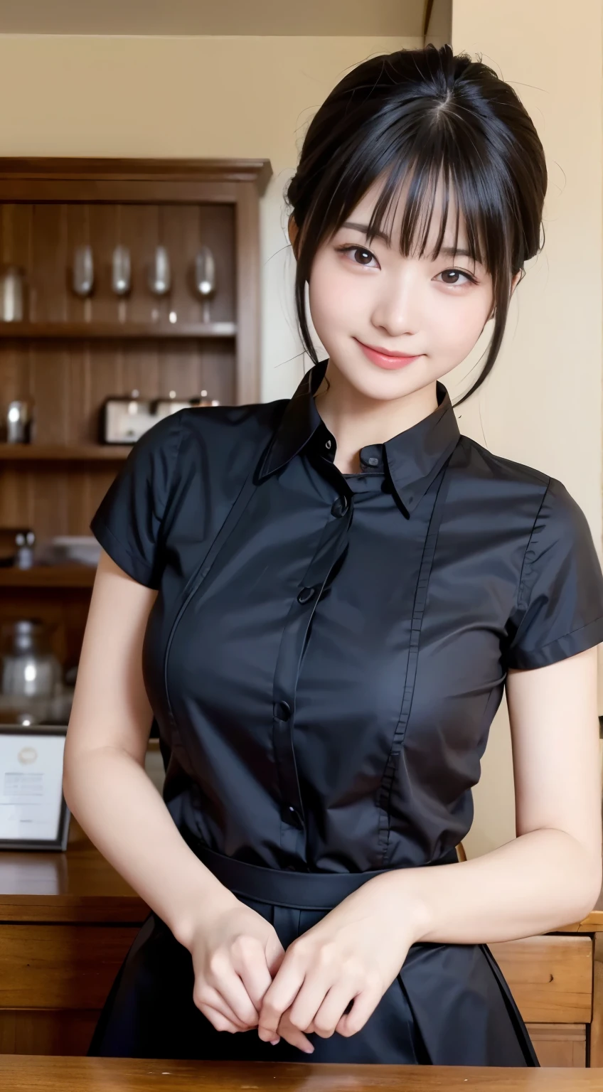 (highest quality,masterpiece:1.3,Ultra-high resolution,),(Very detailed,Caustics),(Realistic:1.4,RAW shooting,)Ultra-Realistic Capture,Very detailed,High resolution 16K human skin closeup。 Natural skin texture、,pores、、、、It must be detailed enough to be easily identifiable。 Skin tone is even and healthy looking。 Use natural light and color,restaurant,Waitress Uniform,1 girl,Japanese,18-year-old,cute,Black-haired,ponytail,Big Breasts,smile,Turn your body forward,(Front view:1.1),Looking into the camera,Cowboy Shot,