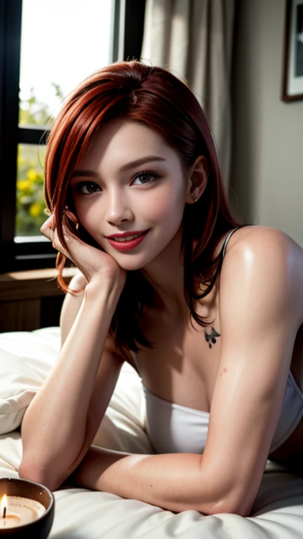 high quality, photorealism, beautiful naked girl 25 years old, red hair, cool hairstyle, modern makeup, small round breasts, perfect slender athletic body, slender legs, lying on the bed, legs apart. Drops of sperm on the stomach and face. Tattoo on the right thigh. Satisfied face, smile. There is a coffee table next to the bed, a glass of wine is on the table and a candle is burning. The room is a little dark. Evening outside the window.