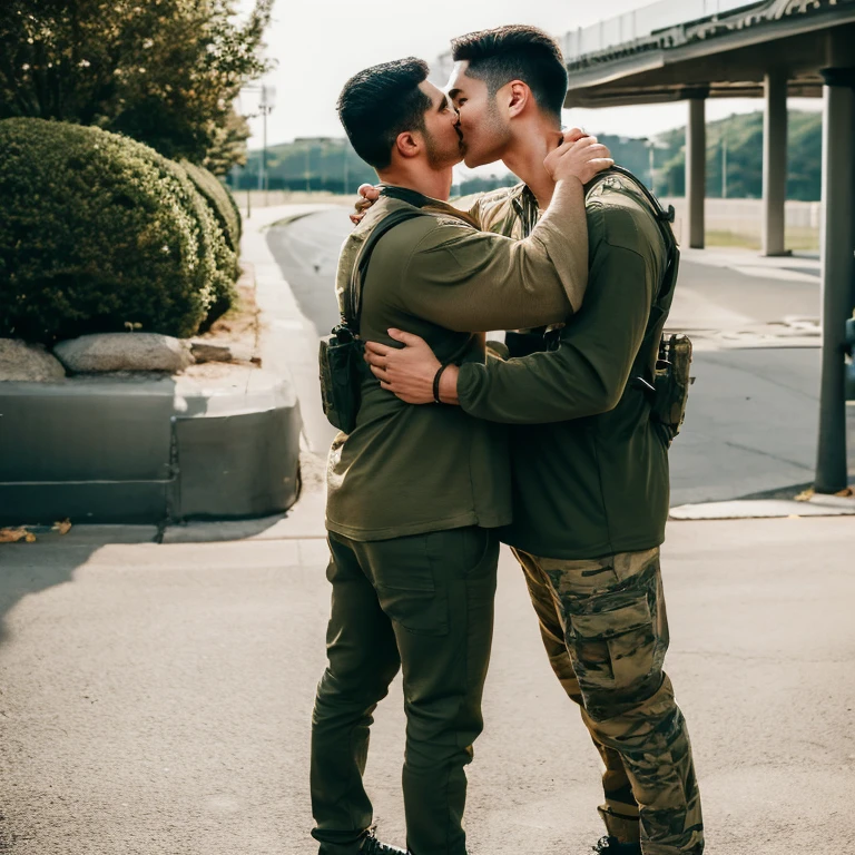 Two handsome men with athletic bodies, they were wearing military pants, shirts and shoes, they were hugging each other, their lips were kissing each other, and their crotches were rubbing against each other