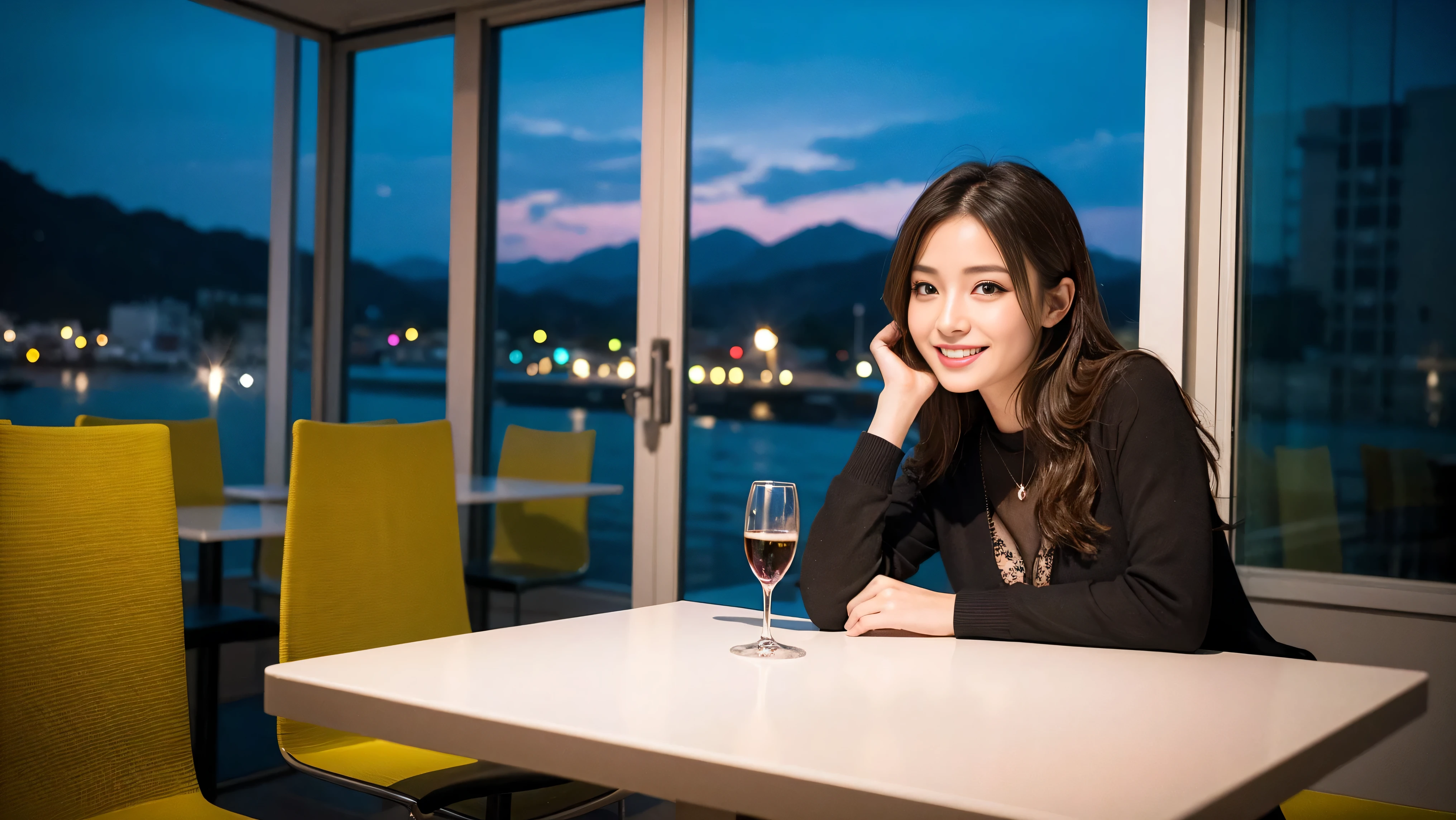 (to be born, highest quality, masterpiece:1.5), (realistic, intricate details:1.2), ultra high resolution, confused,bright image、2 Wine Beauties, beautiful face, blue eyes, fine eyes, symmetrical eyes, light shines on your face, blush your nose, short hair,Spectacular view of the sunset sky and clouds、Amazing mountain views、A bright smile、A lovely woman with a smile、The woman&#39;s face is bright、fox face、lady、Wine Party、hors d'oeuvre、Italian food、2 beauties、brown hair、shortcut、long sleeve shirt、winter fashion、dress、Japanese、Englishman、Dutch、German、Belgian、Italian、French,wine bottle、hors d'oeuvre、Champagne、sparkling wine、Pretty Woman 1, (slim face), (Because I&#39;m slender), (brown hair), (shortcut), cheeks turn a little red, (36 years old), 38 years old, attractive beauty、, A beautiful and detailed night view spreads out outside the window.........., restaurant, sitting in a wine glass, At night, in a prominent place (from the waist up) nova frog style, actress, model, Upper body, White wine, slim, wine glass, very beautiful night view, wine glass placed in the middle, Smile, (smile: 1.15), beautiful fine eyes, Depth f/2,saturation, high contrast, strong light and shadow