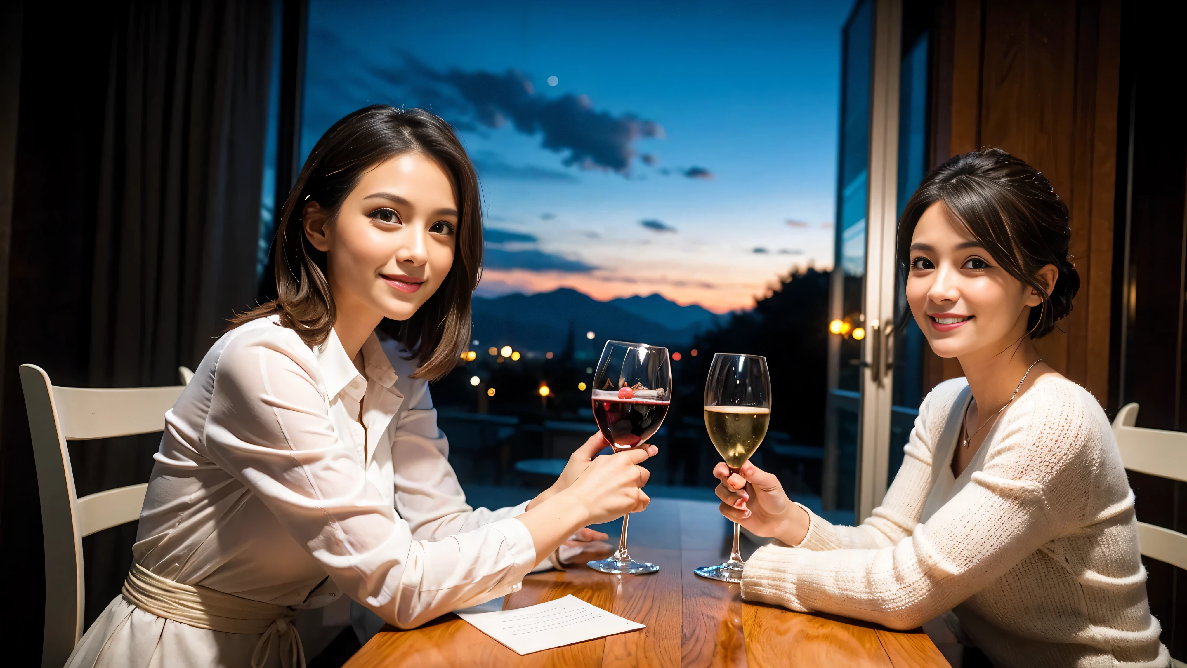 (to be born, highest quality, masterpiece:1.5), (realistic, intricate details:1.2), ultra high resolution, confused,bright image、2 Wine Beauties, beautiful face, blue eyes, fine eyes, symmetrical eyes, light shines on your face, blush your nose, short hair,Spectacular view of the sunset sky and clouds、Amazing mountain views、A bright smile、A lovely woman with a smile、The woman's face is bright、fox face、lady、Wine Party、hors d'oeuvre、Italian food、2 beauties、brown hair、shortcut、long sleeve shirt、winter fashion、dress、Japanese、Englishman、Dutch、German、Belgian、Italian、French,wine bottle、hors d'oeuvre、Champagne、sparkling wine、Pretty Woman 1, (slim face), (Because I'm slender), (brown hair), (shortcut), cheeks turn a little red, (36 years old), 38 years old, attractive beauty、, A beautiful and detailed night view spreads out outside the window.........., restaurant, sitting in a wine glass, At night, in a prominent place (from the waist up) nova frog style, actress, model, Upper body, White wine, slim, wine glass, very beautiful night view, wine glass placed in the middle, Smile, (smile: 1.15), beautiful fine eyes, Depth f/2,saturation, high contrast, strong light and shadow