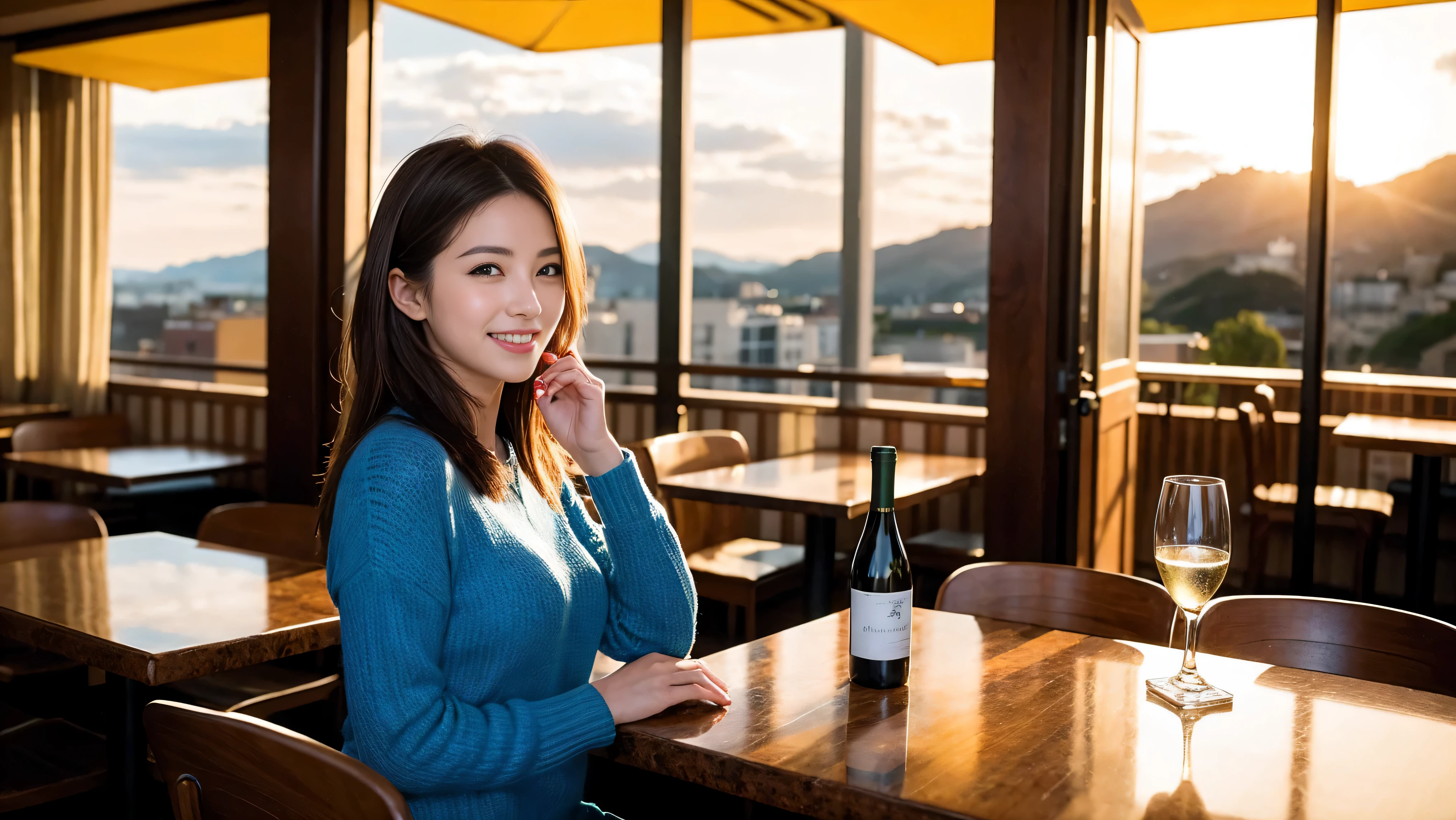 (to be born, highest quality, masterpiece:1.5), (realistic, intricate details:1.2), ultra high resolution, confused,bright image、2 Wine Beauties, beautiful face, blue eyes, fine eyes, symmetrical eyes, light shines on your face, blush your nose, short hair,Spectacular view of the sunset sky and clouds、Amazing mountain views、A bright smile、A lovely woman with a smile、The woman&#39;s face is bright、fox face、lady、Wine Party、hors d'oeuvre、Italian food、2 beauties、brown hair、shortcut、long sleeve shirt、winter fashion、dress、Japanese、Englishman、Dutch、German、Belgian、Italian、French,wine bottle、hors d'oeuvre、Champagne、sparkling wine、Pretty Woman 1, (slim face), (Because I&#39;m slender), (brown hair), (shortcut), cheeks turn a little red, (36 years old), 38 years old, attractive beauty、, A beautiful and detailed night view spreads out outside the window.........., restaurant, sitting in a wine glass, At night, in a prominent place (from the waist up) nova frog style, actress, model, Upper body, White wine, slim, wine glass, very beautiful night view, wine glass placed in the middle, Smile, (smile: 1.15), beautiful fine eyes, Depth f/2,saturation, high contrast, strong light and shadow