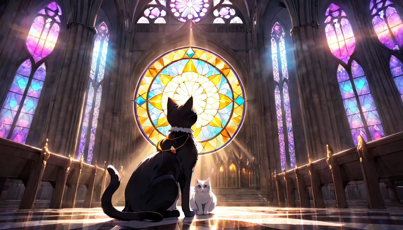 (masterpiece, best quality, very aesthetic, absurdres,general) ,
1girl, solo, lens flare,(Cathedral stained glass:1.1),Glowing triangular magic circle,cat ear, tail