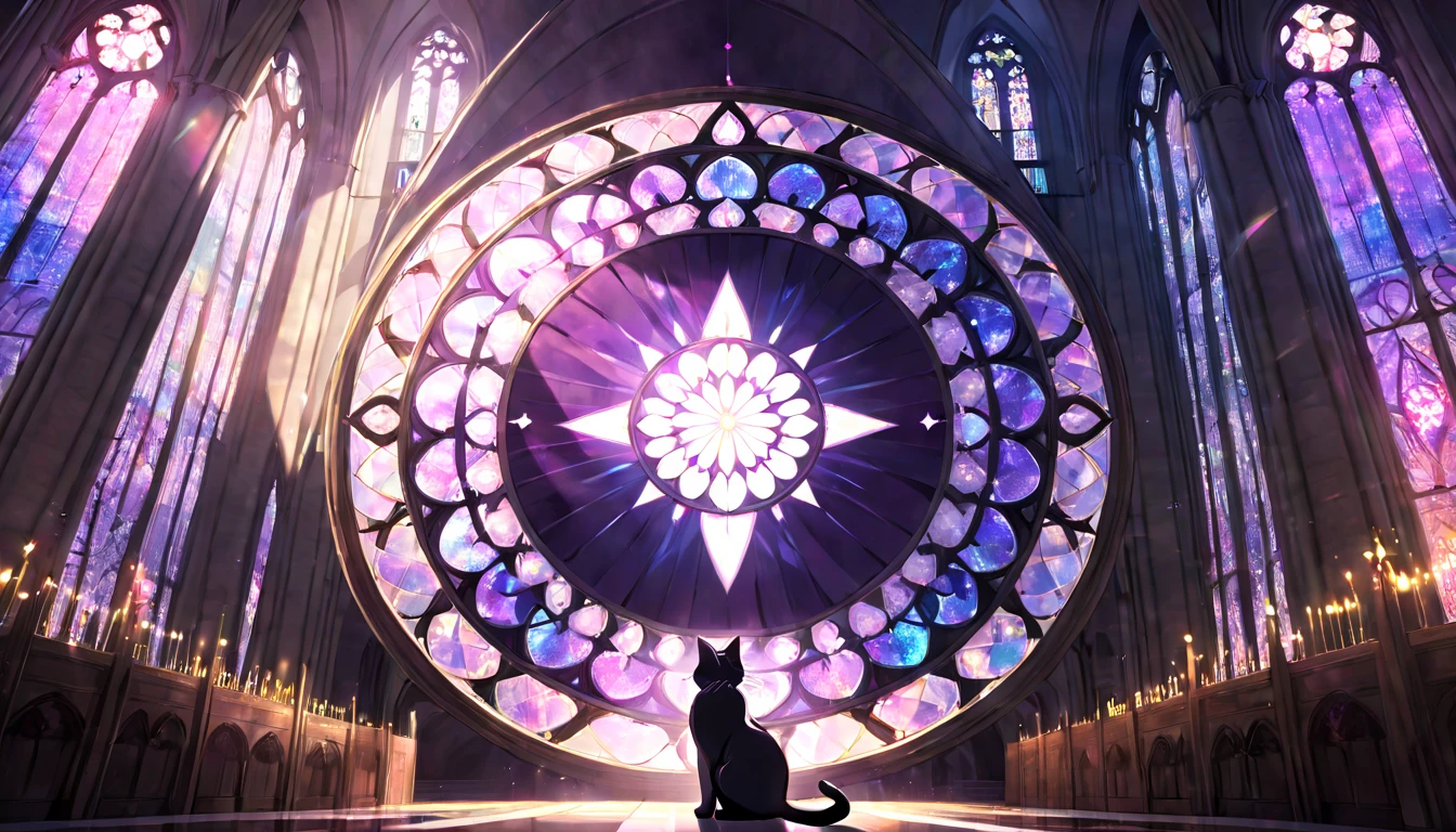 (masterpiece, best quality, very aesthetic, absurdres,general) ,
1girl, solo, lens flare,(Cathedral stained glass:1.1),Glowing triangular magic circle,cat ear, tail
