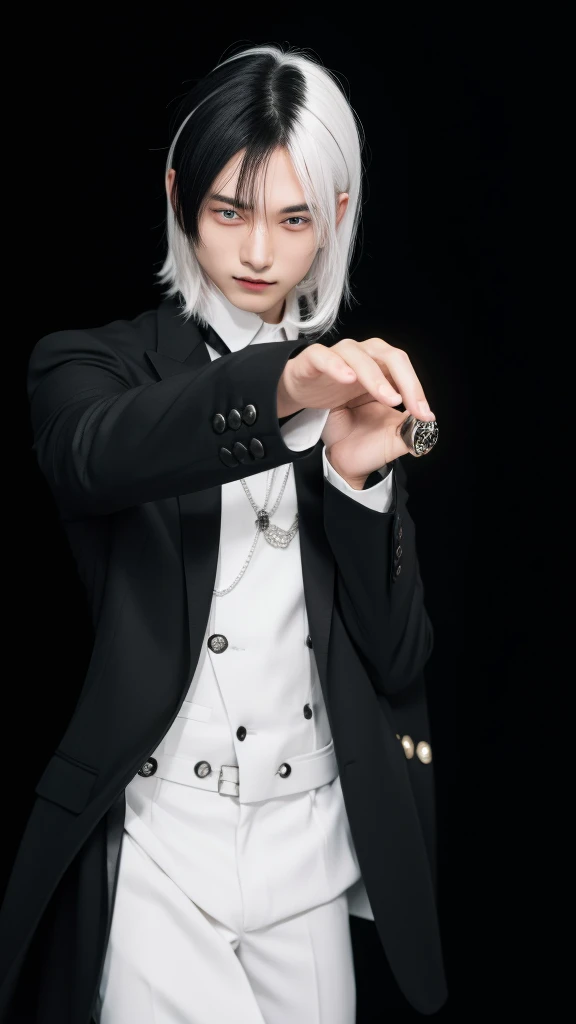 boy with white hair and black, with black jacket pointing at something, with index finger, handsome pose, realistic 