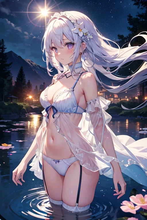 (Highest picture quality), (Master's work),(Detailed eyes description),(Detailed face description)(back view), 1girl,purple eyes, white hair,(very long hair),very long hair (floating in the wind), back-view, looking back, hair ornament, flower hair ornament. head band, ribbon, white lingerie, garter belt, slight exposed navel, visible shoulders, blush, pond, petals (lens flare), walking on pond, water reflection, pond, cleavage, medium breast, aurora sky, night sky, galaxy sky, horizon, mountains, forest, moon, (cover-style:1.3), fashionable, woman, vibrant, swimwear outfit, posing, front, colorful, dynamic, background, elements, shy, expression, holding, statement, accessory, majestic, coiled, around, touch, scene, attention-grabbing, catchy, modern, trendy, focus, fashion, realistic lighting, extreme blushing