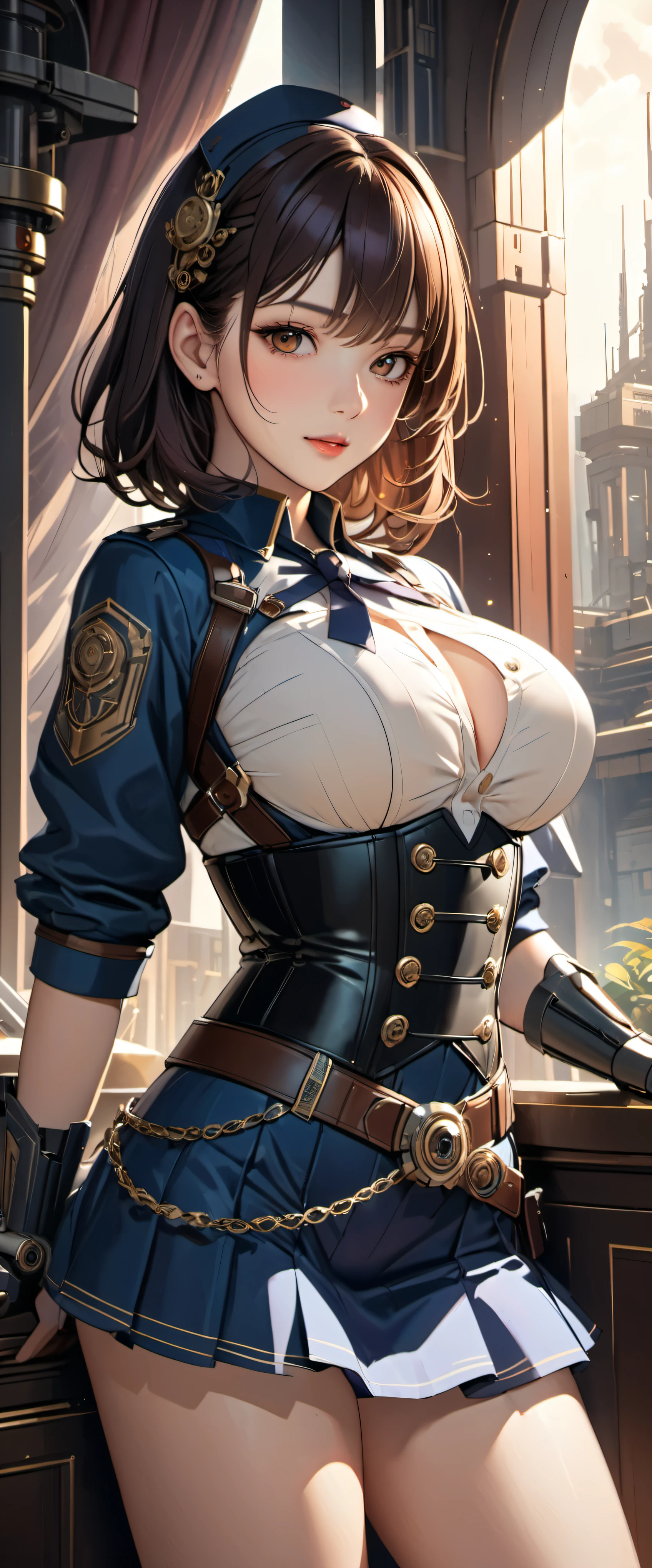(((masterpiece)))、((highest quality))、(super detailed)、(CG illustration)、(very beautiful girl))、cinematic light、(((1 Mechanical Girl)))、 Science fiction、Apocalypse、Eroguro、graduate School(beautiful and luxurious:1.2)、(1 girl:1.3)、facing the front, (double breasted,under bust:1.2), button gap,(((corset belt))),(((high waist skirt,)))