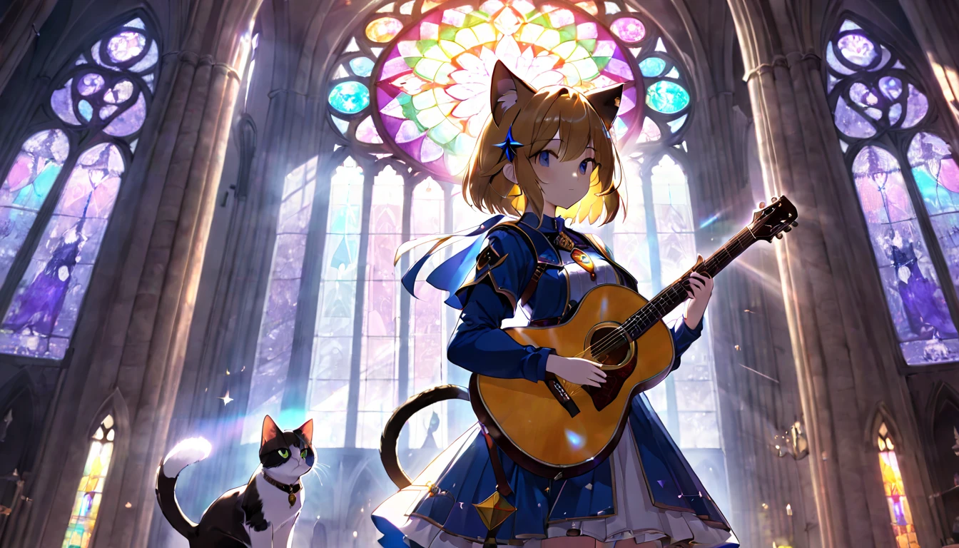 (masterpiece, best quality, very aesthetic, absurdres,general) , 1girl, solo, lens flare,(Cathedral stained glass:1.1),Glowing triangular magic circle,cat ear, tail,girl with guitar