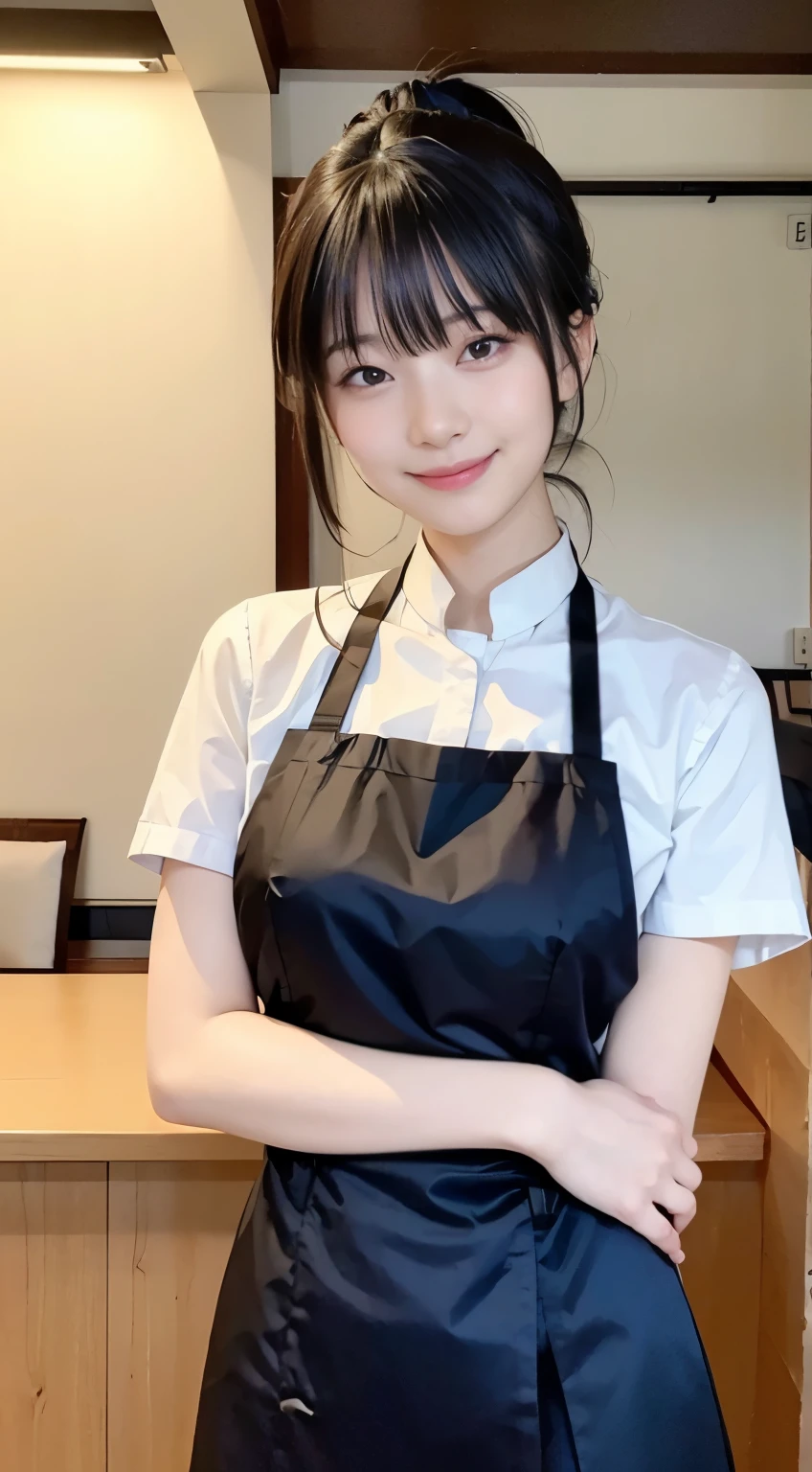 (highest quality,masterpiece:1.3,Ultra-high resolution,),(Very detailed,Caustics),(Photorealistic:1.4,RAW shooting,)Ultra-Realistic Capture,Very detailed,High resolution 16K human skin closeup。 Natural skin texture、,Pores、、、、It must be detailed enough to be easily identifiable。 Skin tone is even and healthy looking。 Use natural light and color,restaurant,Waitress Uniform,1 girl,Japanese,18-year-old,cute,Black-haired,ponytail,Big Breasts,smile,Turn your body forward,(Front view:1.1),Looking at the camera,Cowboy Shot,