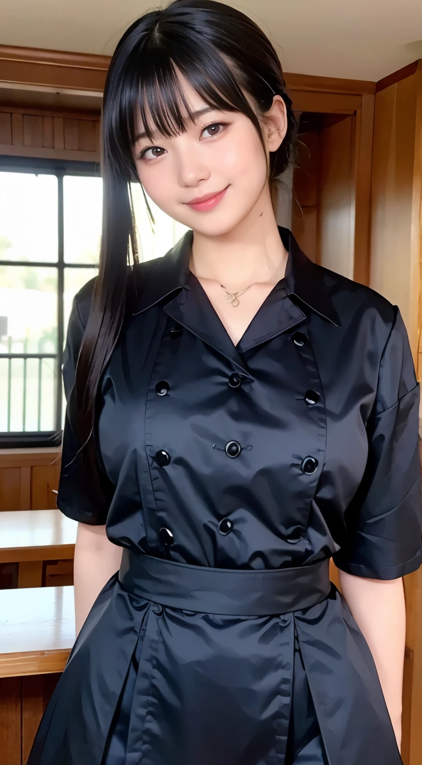 (highest quality,masterpiece:1.3,ultra high resolution,),(Super detailed,caustics),(Photoreal:1.4,RAW shooting,)ultra-realistic capture,very detailed,High resolution 16K human skin close-up。 natural skin texture、,The pores are、、、、Must be detailed enough to be easily identified。 Skin should look even-toned and healthy。 Use natural light and color,restaurant,waitress uniform,1 girl,Japanese,18-year-old,cute,black haired,ponytail,big breasts,smile,turn your body forward,(Front view:1.1),look at the camera,cowboy shot,