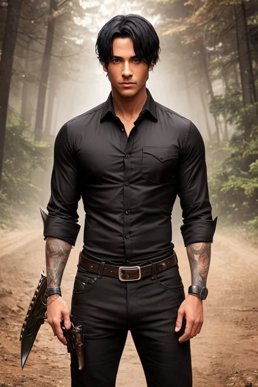 Muscular,green eyes,packed black hair,a sword at his back,wearing a white button shirt opened the top button,folded sleeve, a bit tanned.