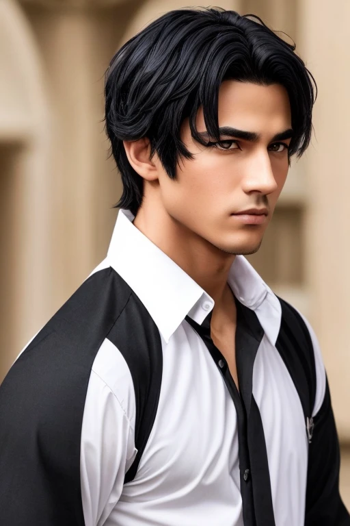 Muscular,green eyes,packed black hair,a sword at his back,wearing a white button shirt opened the top button,folded sleeve, a bit tanned.