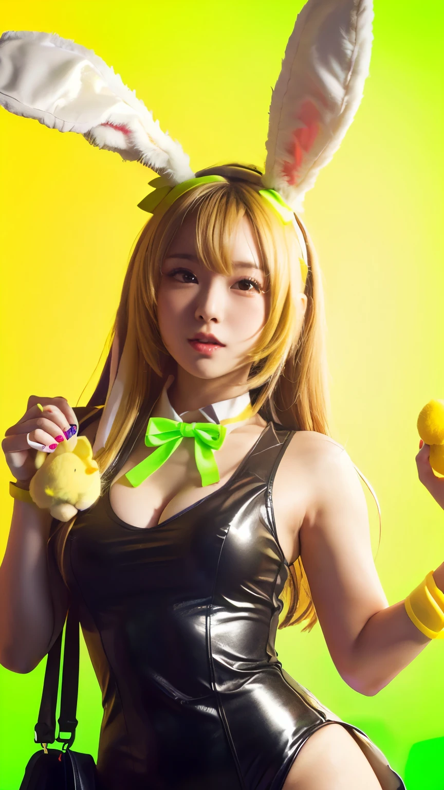 Masterpiece, 4K, bokeh, (Japanese idol:1.6), Beautiful high school girl,  Yellow bob hair, (Bunny ears:1.4), (Yellow Bunny Girl:1.6), looking at the viewer, cowboy shot, holding bananas in both hands, (Neon yellow background :1.4), 