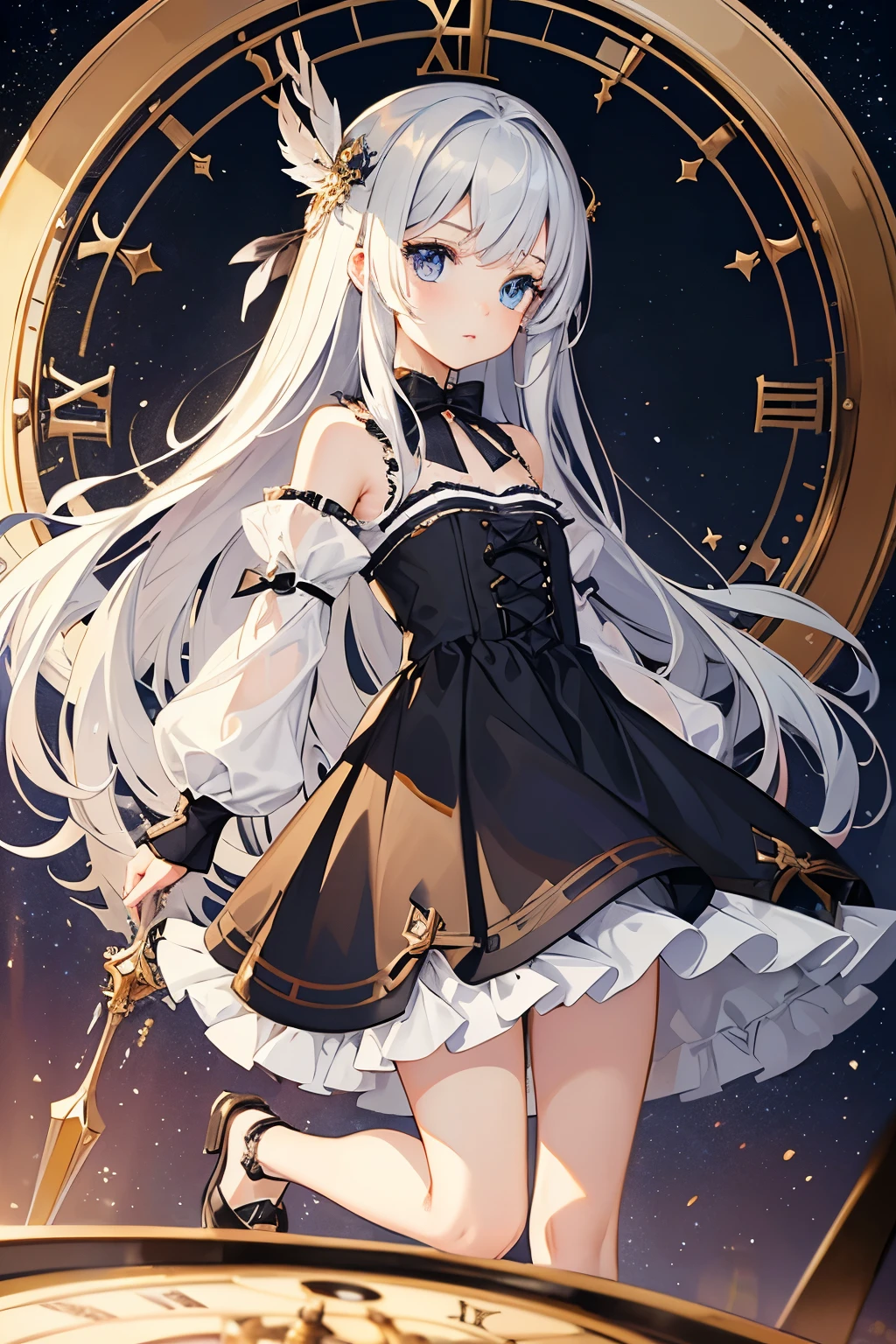 1girl ,{Background (In a huge clock)}, {Deep black blue eyestwinkling with the stars}, {Beautiful lolita}，(beautiful detailed eyes)，long_ hair，{loli},{{{clock style magic array}}},With magic feathers floating around，{masterpiece}, {(best quality)},{high-quality},{{magic clock dial}}, {darker light}, {flat chest}, {warm tone},silver_hair,magic_circle, ,{Animation style}, {{The silver whirlwind revolving around the characters}},