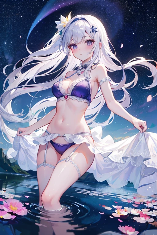 (Highest picture quality), (Master's work),(Detailed eyes description),(Detailed face description)(back view), 1girl,purple eyes, white hair,(very long hair),very long hair (floating in the wind), back-view, looking back, hair ornament, flower hair ornament. head band, ribbon, white lingerie, garter belt, slight exposed navel, visible shoulders, blush, pond, petals (lens flare), walking on pond, water reflection, pond, cleavage, medium breast, aurora sky, night sky, galaxy sky, horizon, mountains, forest, moon, (cover-style:1.3), fashionable, woman, vibrant, swimwear outfit, posing, front, colorful, dynamic, background, elements, shy, expression, holding, statement, accessory, majestic, coiled, around, touch, scene, attention-grabbing, catchy, modern, trendy, focus, fashion, realistic lighting, extreme blushing