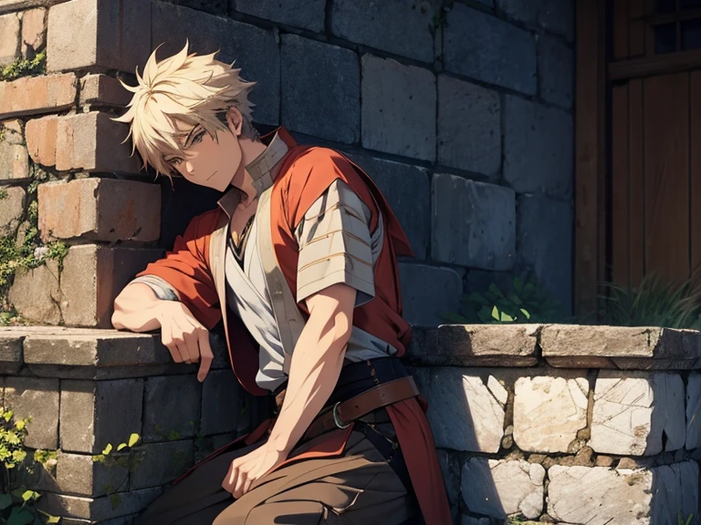 an anime male resting his back against a wall, facing forward, medieval outfit, loose shirt, medieval , vintage, exterior
