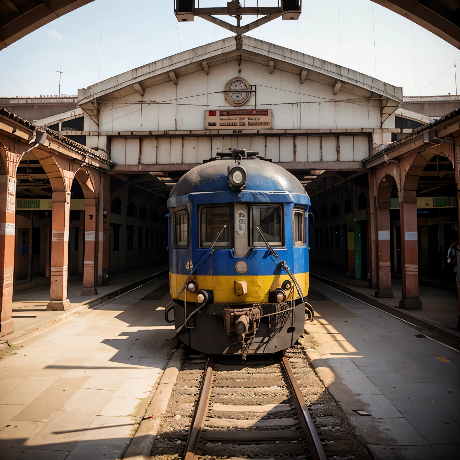 A indian railway station and a train on the station