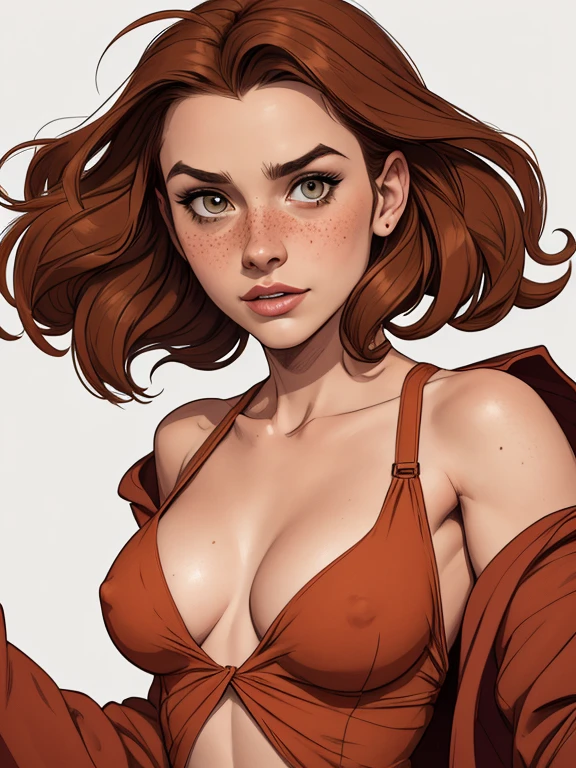 Character style illustration style Completely bare breasts showing small fear Breast size Cartoon name: Isabella Cruz white background medium breasts freckled face Hermione Granger actress strong contours Physical description - long straight hair, tingidos de um marrom vibrante que contrasta com sua pele clara. - You reflect a mix of curiosity and determination. - Ela tem uma estatura alta, with a slender and agile figure, evidenciando sua agilidade e destreza. -fundo colorido Design de personagens de retrato, beautiful digital illustration, retrato de alta qualidade, Arte em quadrinhos, Corpo inteiro sensualizando ou pelada. folha de retorno. return sheet member clothes of the day hell day expression love using sanserina clothes