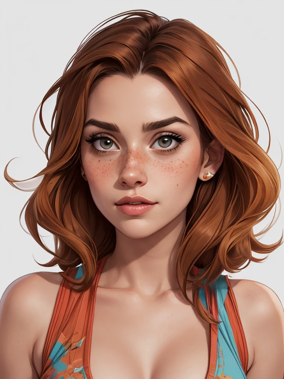 Character style illustration style Completely bare breasts showing small fear Breast size Cartoon name: Isabella Cruz white background medium breasts freckled face Hermione Granger actress strong contours Physical description - long straight hair, tingidos de um marrom vibrante que contrasta com sua pele clara. - You reflect a mix of curiosity and determination. - Ela tem uma estatura alta, with a slender and agile figure, evidenciando sua agilidade e destreza. -fundo colorido Design de personagens de retrato, beautiful digital illustration, retrato de alta qualidade, Arte em quadrinhos, Corpo inteiro sensualizando ou pelada. folha de retorno. return sheet member clothes of the day hell day expression love using sanserina clothes