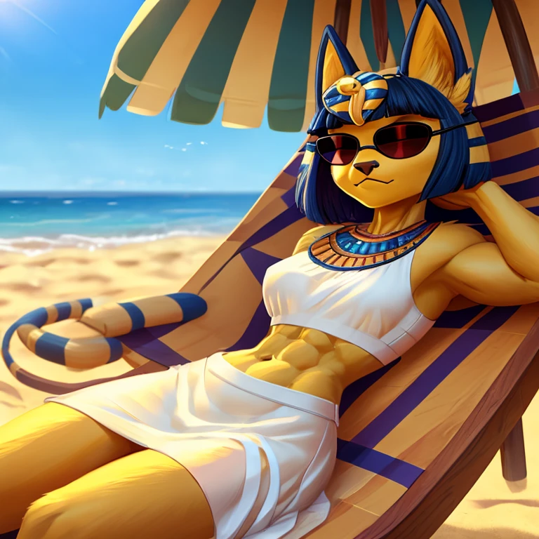 a digital artwork of ankha with abs wearing a crop top of her white sleeveless dress outfit with a bare midriff and a bare navel , digital art, ((perfect face)), ((best quality)), ((masterpiece)), she is relaxing on the beach with sunglasses 