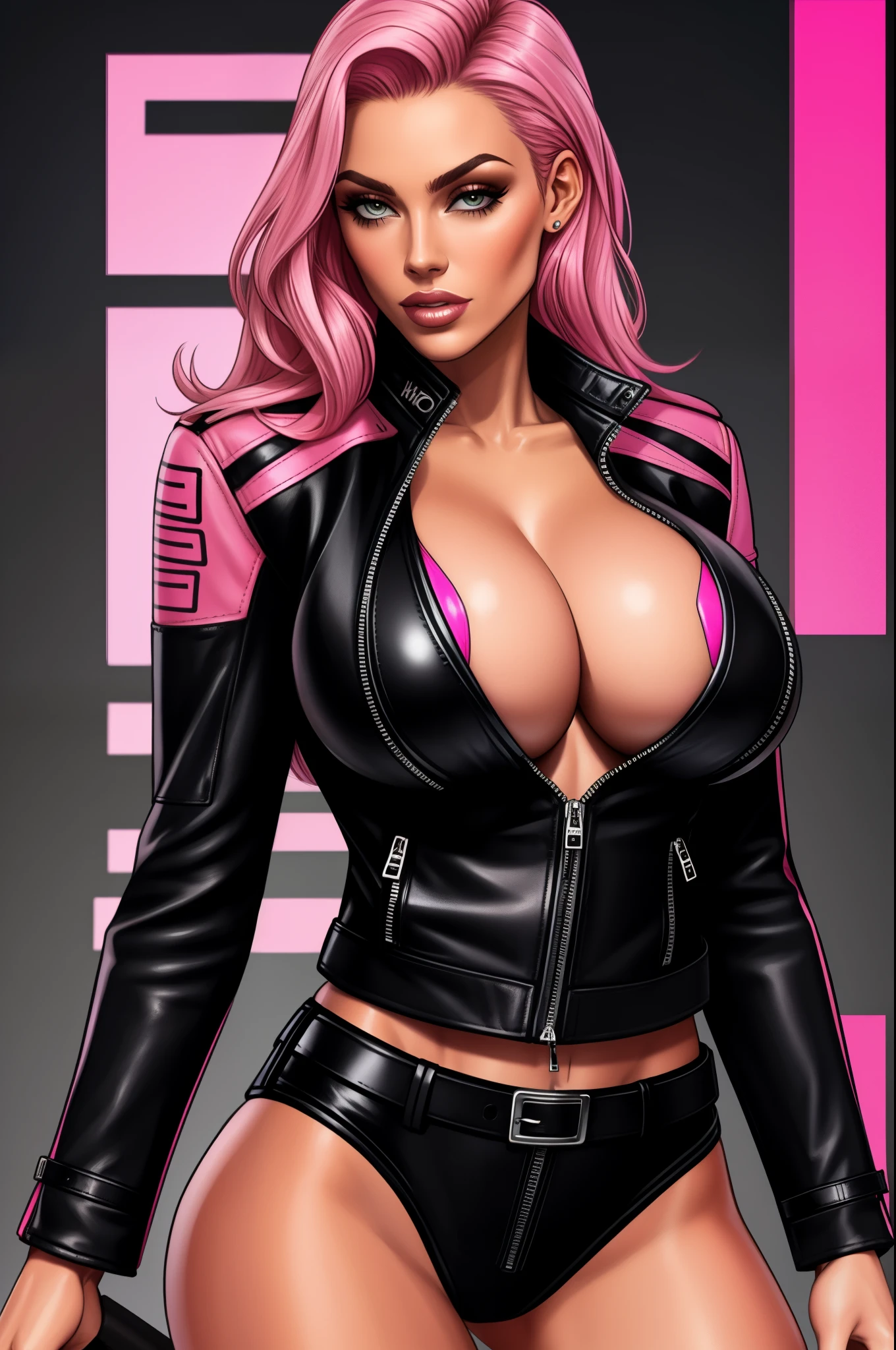 pink bikini, black leather jacket