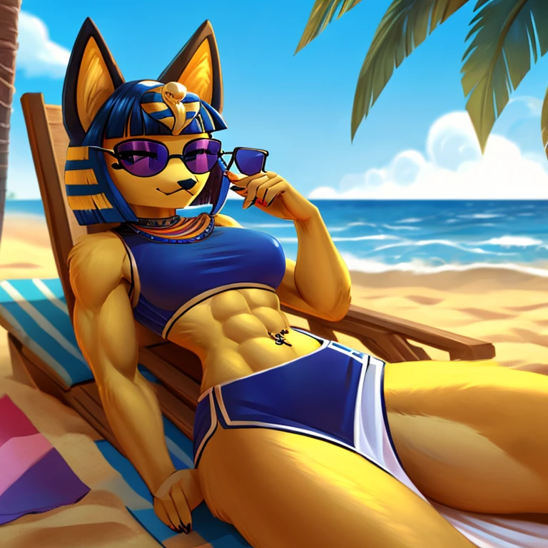 a digital artwork of ankha with abs wearing a crop top of her white sleeveless dress outfit with a bare midriff and a bare navel , digital art, ((perfect face)), ((best quality)), ((masterpiece)), she is relaxing on the beach with sunglasses, navel piercing