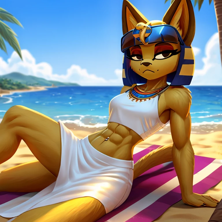 a digital artwork of ankha with abs wearing a crop top of her white sleeveless dress outfit with a bare midriff and a bare navel , digital art, ((perfect face)), ((best quality)), ((masterpiece)), she is relaxing on the beach with sunglasses, navel piercing 