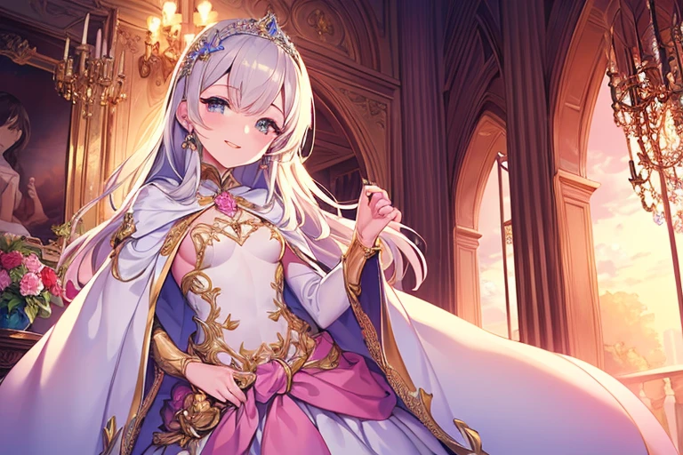 (kawaii),(best quality),(ultra detailed),(rococo style),(long train pastel pink cape:1.15), very long cape,(long train white ball gown with flower decorations:1.1), a girl is wearing a cape over her gown, 1 little princess, tiara, smile, very long hair, small breasts, beautiful detailed eyes, beautiful detailed lips