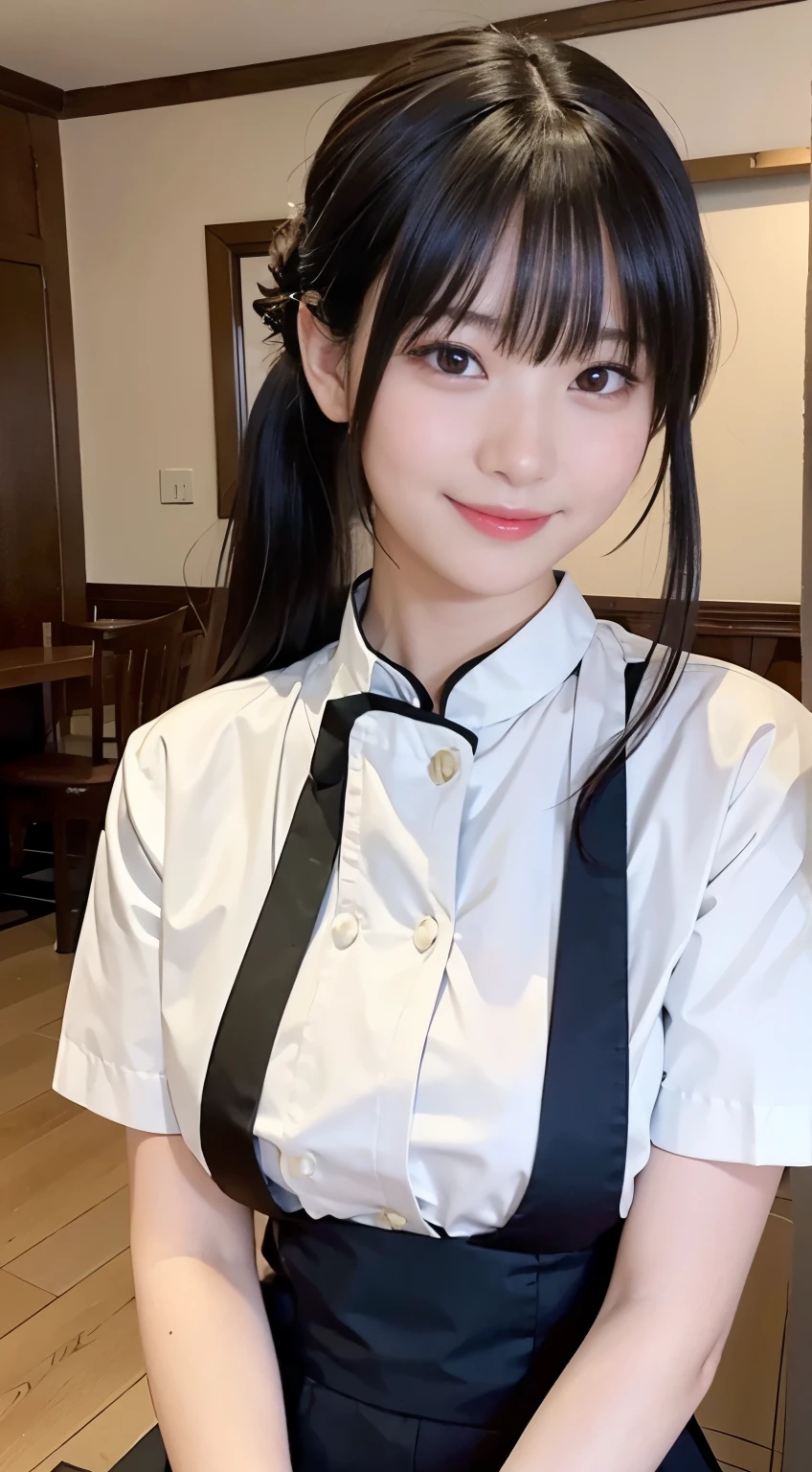 (highest quality,masterpiece:1.3,ultra high resolution,),(Super detailed,caustics),(Photoreal:1.4,RAW shooting,)ultra-realistic capture,very detailed,High resolution 16K human skin close-up。 natural skin texture、,The pores are、、、、Must be detailed enough to be easily identified。 Skin should look even-toned and healthy。 Use natural light and color,restaurant,waitress uniform,1 girl,Japanese,18-year-old,cute,black haired,ponytail,big breasts,smile,turn your body forward,(Front view:1.1),look at the camera,cowboy shot,