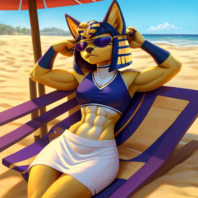 a digital artwork of ankha with abs wearing a crop top of her white sleeveless dress outfit with a bare midriff and a bare navel , digital art, ((perfect face)), ((best quality)), ((masterpiece)), she is relaxing on the beach with sunglasses 