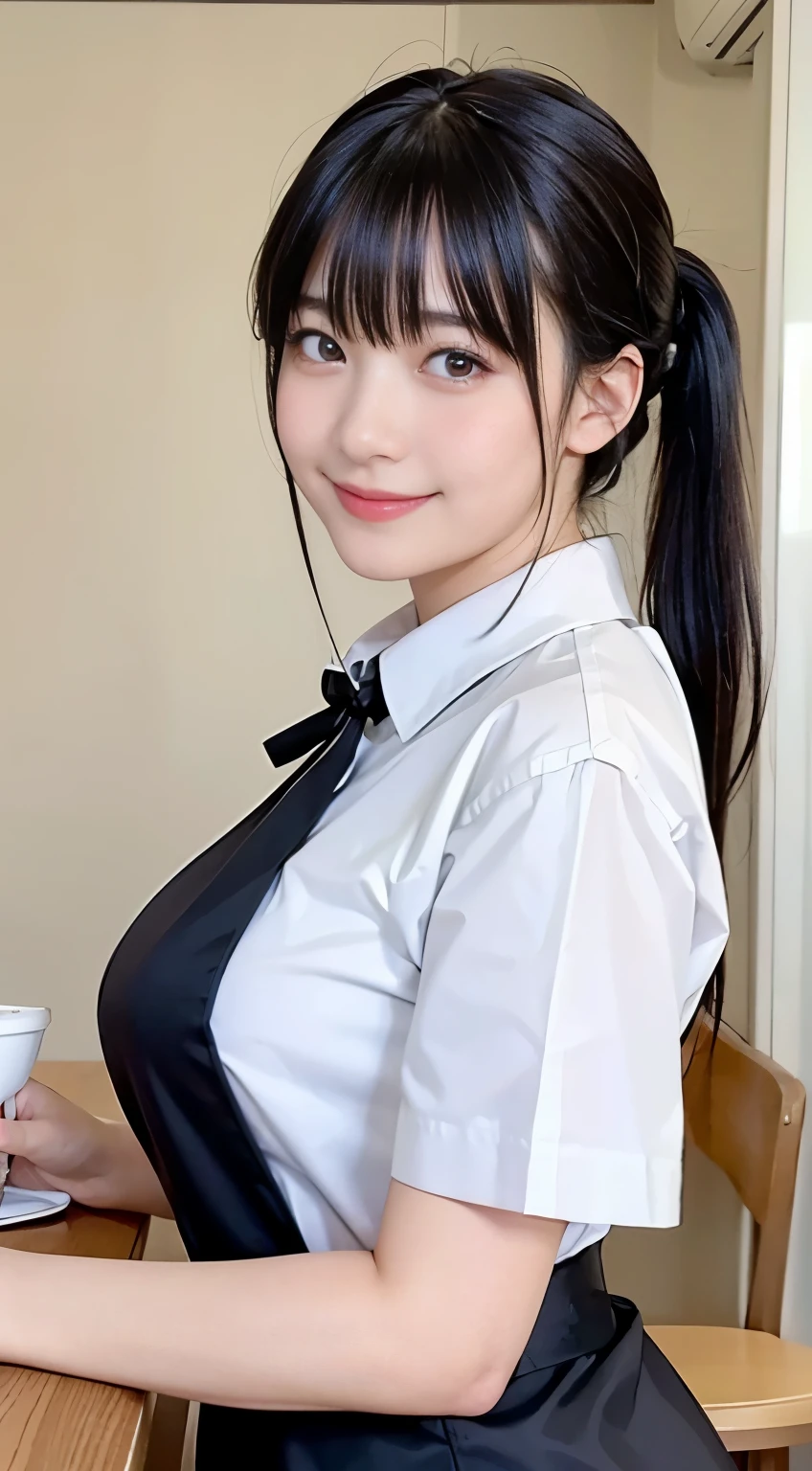 (highest quality,masterpiece:1.3,ultra high resolution,),(Super detailed,caustics),(Photoreal:1.4,RAW shooting,)ultra-realistic capture,very detailed,High resolution 16K human skin close-up。 natural skin texture、,The pores are、、、、Must be detailed enough to be easily identified。 Skin should look even-toned and healthy。 Use natural light and color,restaurant,waitress uniform,1 girl,Japanese,18-year-old,cute,black haired,ponytail,big breasts,smile,turn your body forward,(Front view:1.1),look at the camera,cowboy shot,