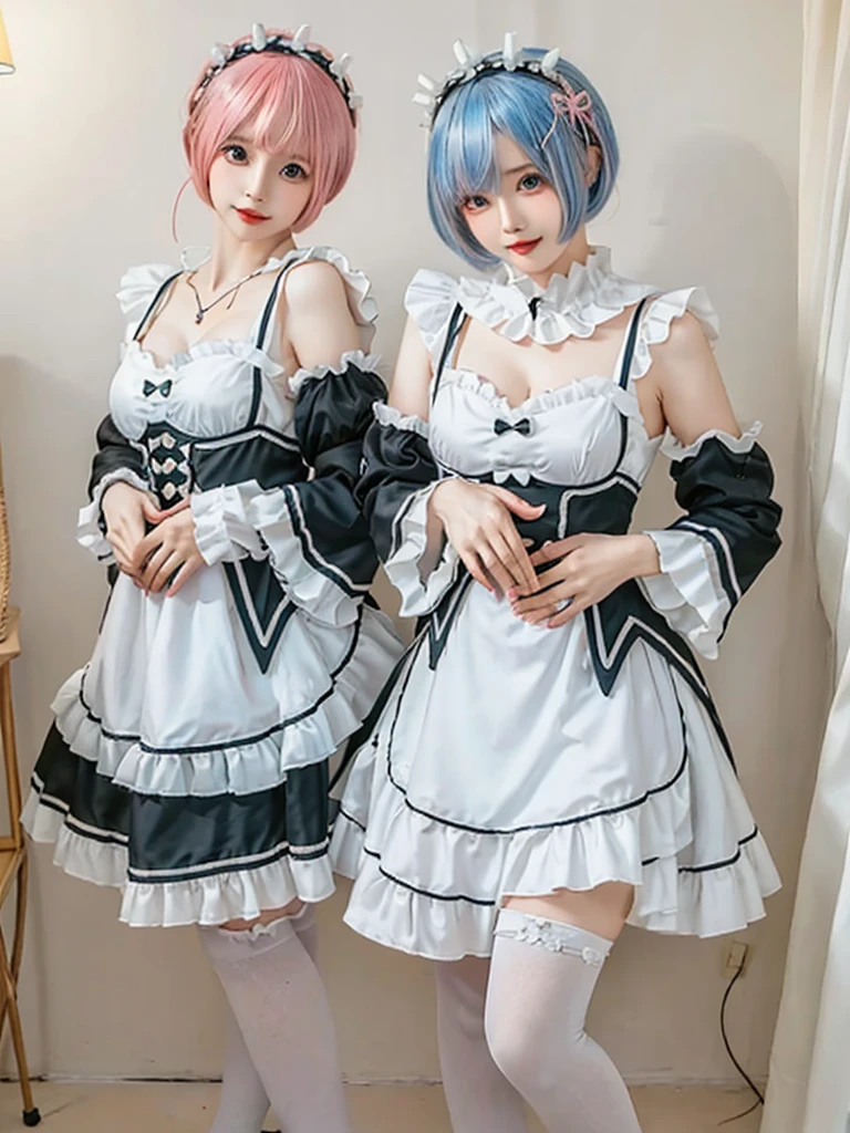 (8K, Photorealistic, Raw photo, of the highest quality: 1.3), (1girl in), Super beautiful, (Realistic face), (boyish, pink Color Berry Shorthair), Beautiful , Glare that captivates the viewer, Beautiful expression, Beautiful breasts, (Realistic skin), Be...Create a detailed and colorful image of Ram and Rem from Re:Zero, standing back-to-back in their maid outfits, with a magical fantasy background、14years old, two girls,cute, perfect face, beautiful, nice body, gothic ta clothes, gothic loliashion, frilly skirt, headdress, necklace, bracelet, knee-high socks, boots, double eyelids, tear bags, Detailed down to the fingers, photo-like description, indoors, dim indoor lighting, one girl is pink hair and short bob, another girl is light blue hair and short bob,standing, sexy posing,whole body, composition that shows the whole body, smiling,The Both of them are wearing the same type of maid outfit,Optimal ratio of 4 fingers and 1 thumb