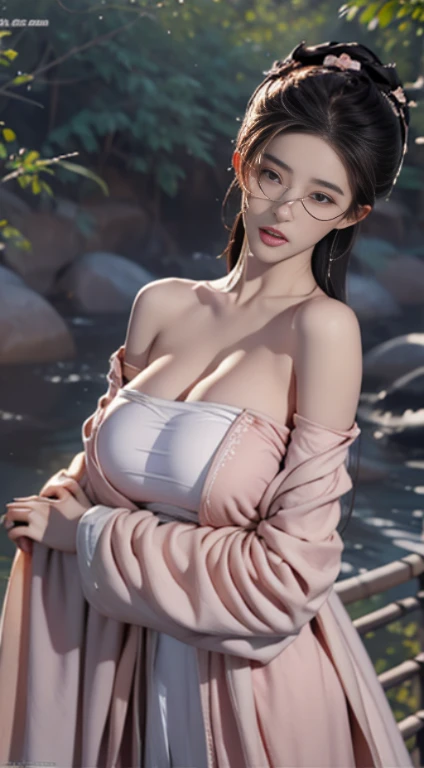 fashion model 18 years old [[[[特写cleavage]]]Huge long saggy breasts, looking at the audience，cleavage], [[[[]]]], [[[[Cole]]]], [[[[bshoulder]]]], perfect eyes, perfect iris，perfect lips，perfect teeth，Perfect skin，fair skin，long face，slender nose，Soft headlight，Density Imaging Review，movie girl，pink clothes，Background is bamboo，bamboo forest，（pastel colors：1.2）
