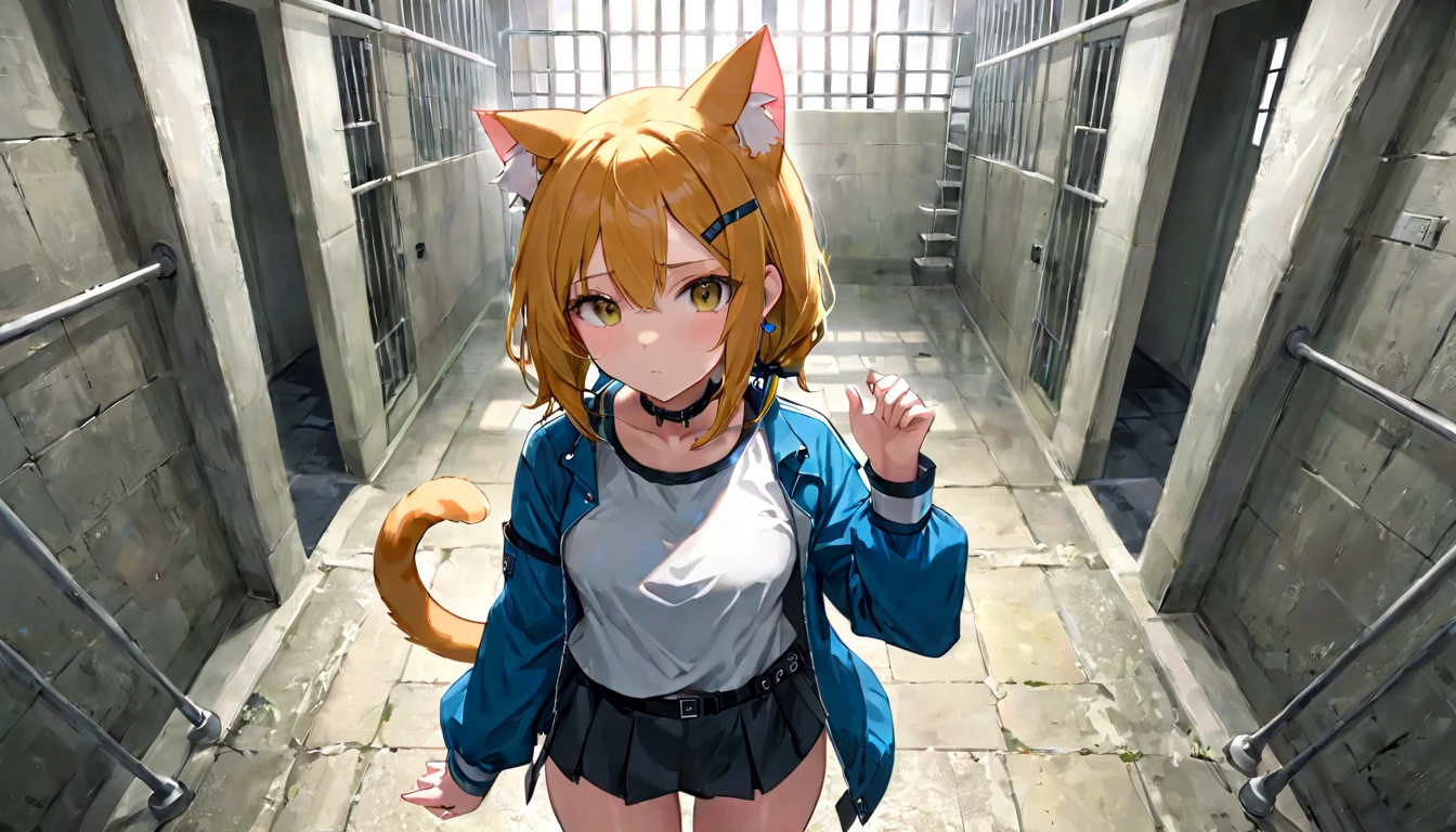 girl in a band,(masterpiece, best quality, very aesthetic, absurdres,general) , 1girl, solo, prison、cat ear, tail,pov