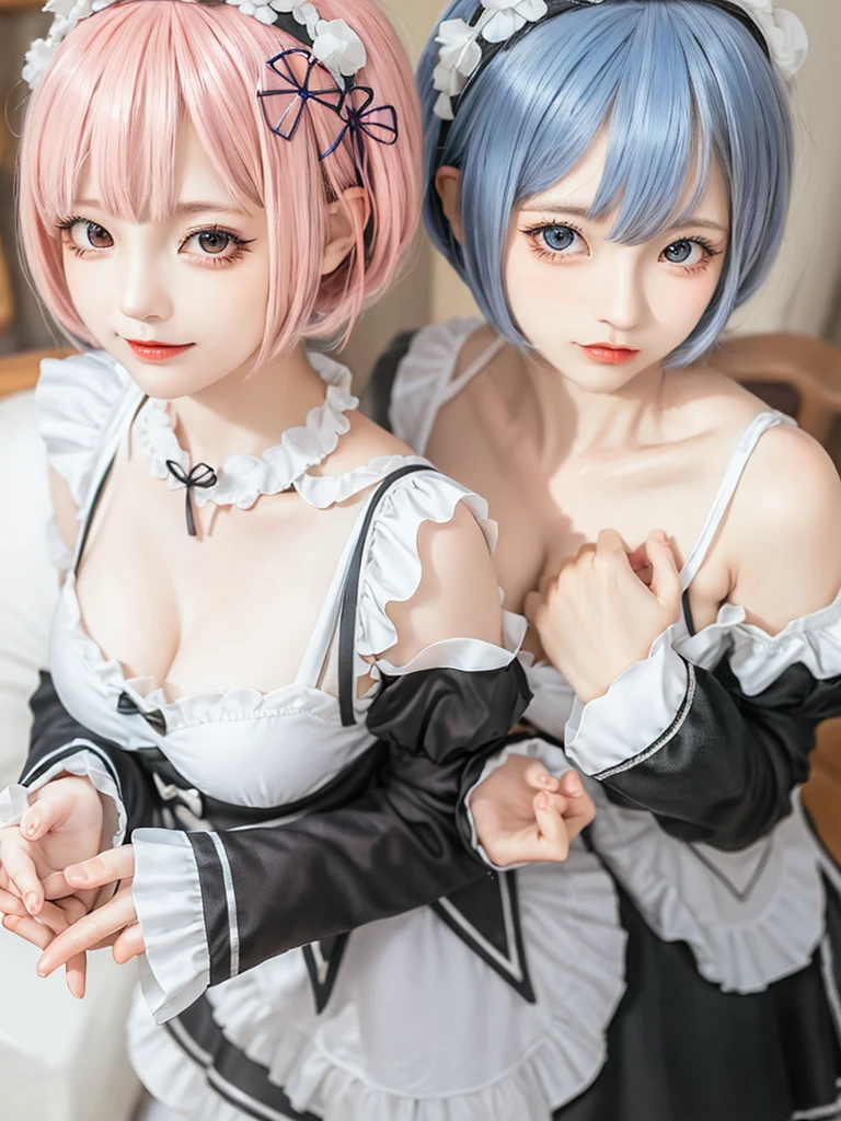 (8K, Photorealistic, Raw photo, of the highest quality: 1.3), (1girl in), Super beautiful, (Realistic face), (boyish, pink Color Berry Shorthair), Beautiful , Glare that captivates the viewer, Beautiful expression, Beautiful breasts, (Realistic skin), Be...Create a detailed and colorful image of Ram and Rem from Re:Zero, standing back-to-back in their maid outfits, with a magical fantasy background、14years old, two girls,cute, perfect face, beautiful, nice body, gothic ta clothes, gothic loliashion, frilly skirt, headdress, necklace, bracelet, knee-high socks, boots, double eyelids, tear bags, Detailed down to the fingers, photo-like description, indoors, dim indoor lighting, one girl is pink hair and short bob, another girl is light blue hair and short bob,standing, sexy posing,whole body, composition that shows the whole body, smiling,The Both of them are wearing the same type of maid outfit,Optimal ratio of 4 fingers and 1 thumb