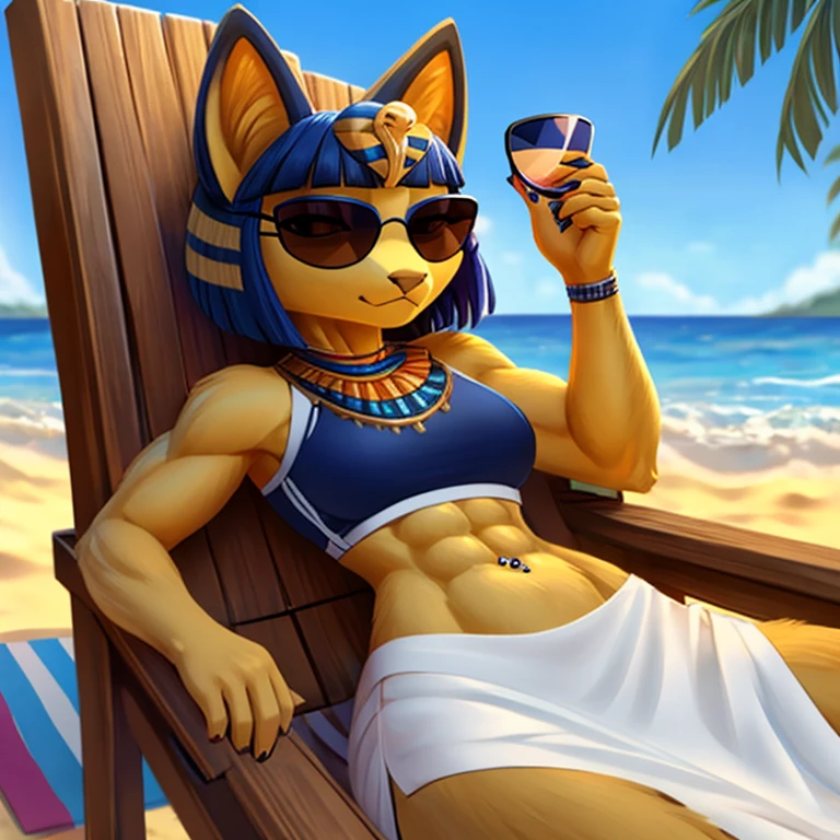 a digital artwork of ankha with abs wearing a crop top of her white sleeveless dress outfit with a bare midriff and a bare navel , digital art, ((perfect face)), ((best quality)), ((masterpiece)), she is relaxing on the beach with sunglasses, navel piercing 