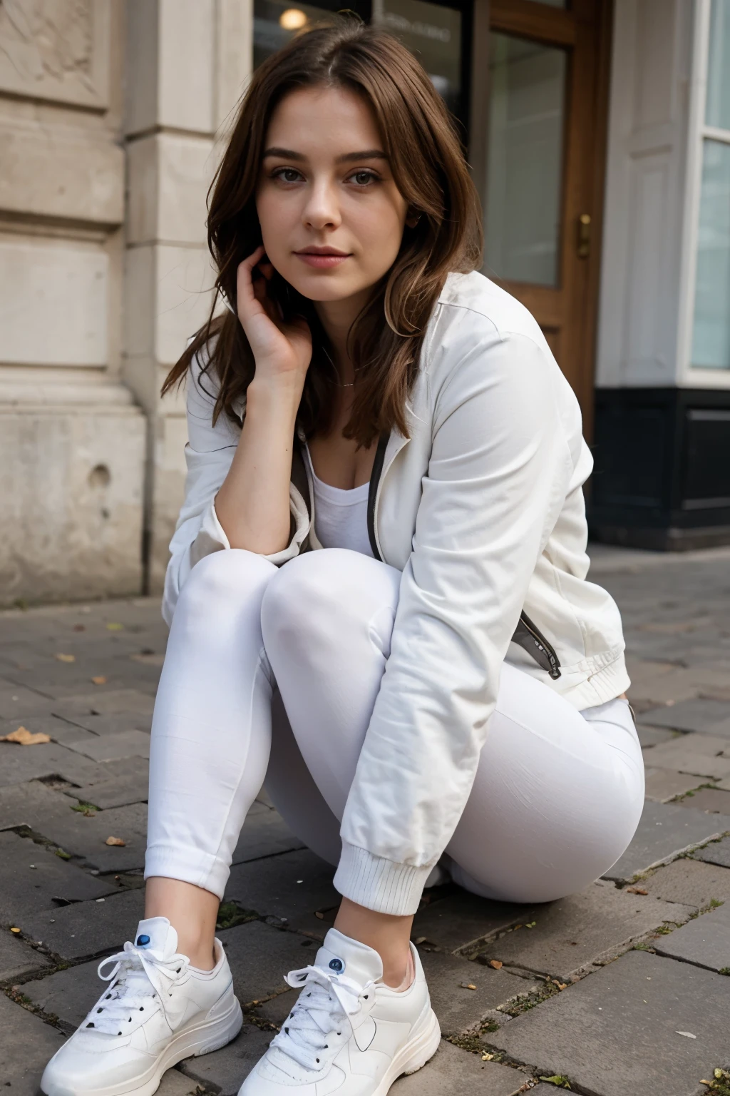 ((Best quality)), ((Meisterwerk)), (detailliert), perfektes Gesicht, European Young Woman, dunkle Haare, Spaziergang durch Paris, mittlere Distanz, Lederjacke, enge Leggings, white sneakers