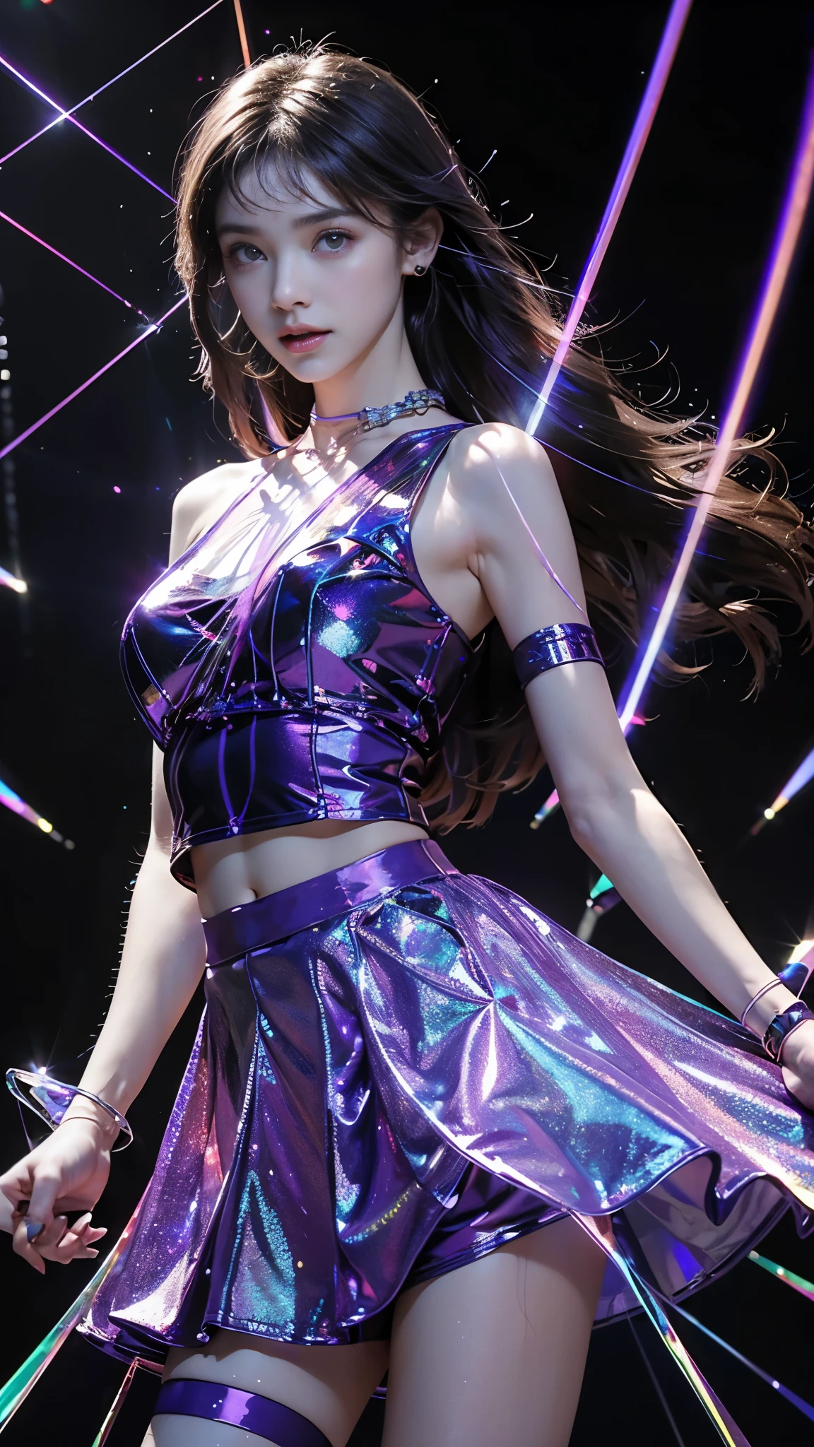 8K, ultra hd, masterpiece, 1 girl, (good face:1.4), detailed eyes, very long hair, impressive hairstyle, earings, necklace, small breasts, (glowing skirt outfit1.5), see-through, (purple laser outfit:1.5), Light-colored foundation brings out the skin, (in the dark:1.5), mystery, (laser lights:1.8), glowing lights, very decoration, The laser falls like water, perfect front body, dancing pose,